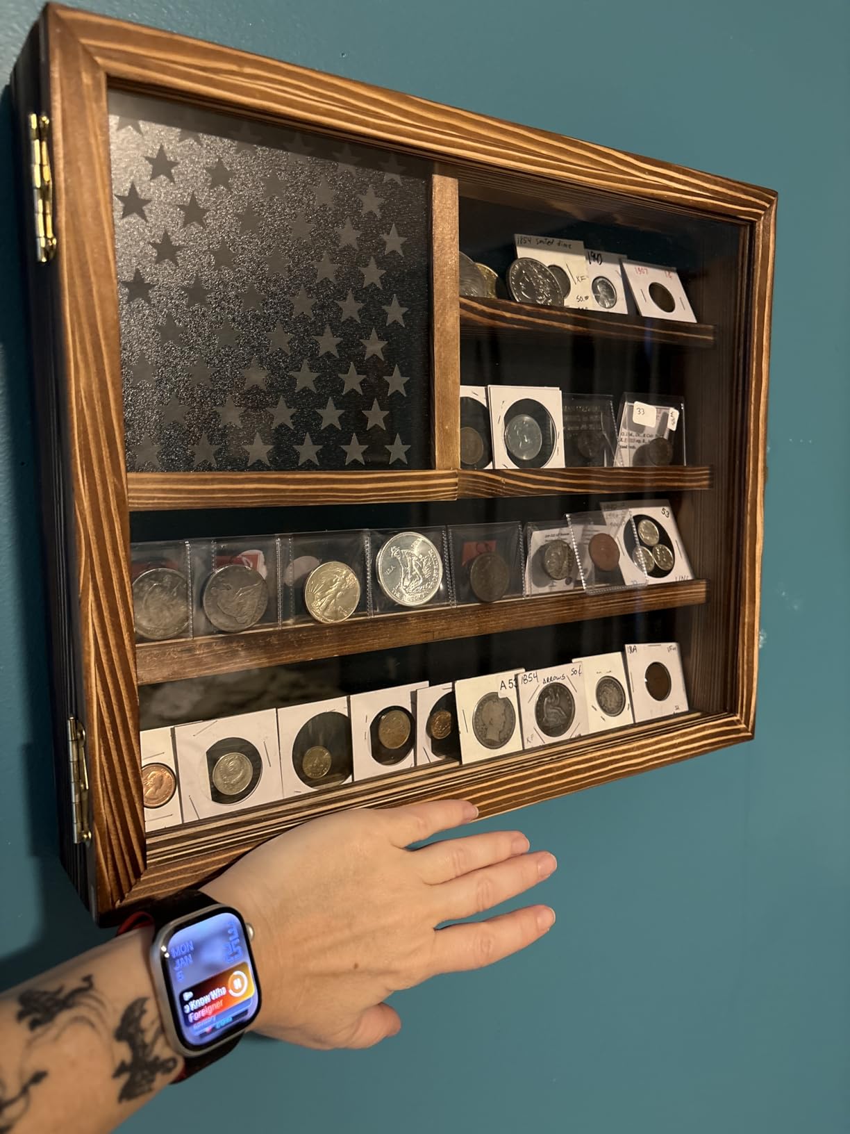 Challenge Coin Display Case, Lockable Military Coin Holder Cabinet with Removable Star Board & HD Tempered Glass Door, Solid Wood Wall Mount Coins Collection Rack Stand customer photo 1