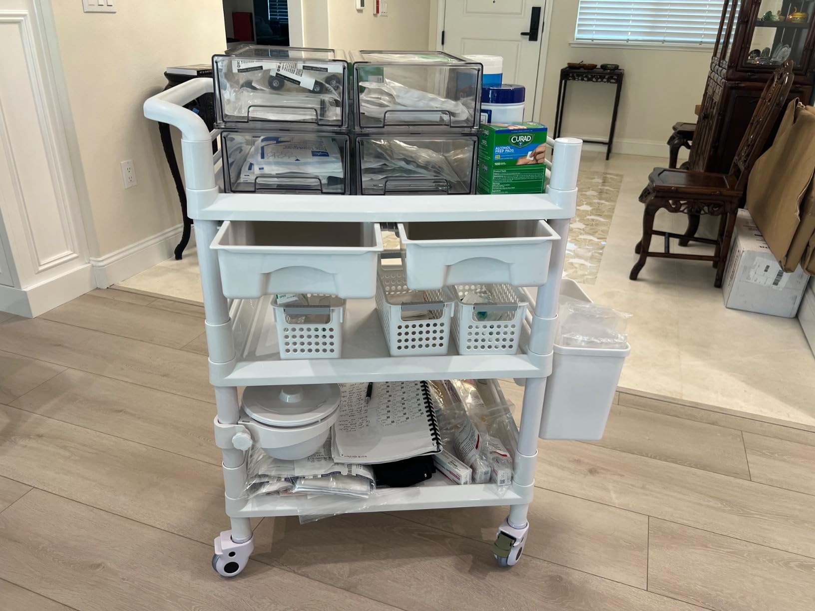 VEVOR Medical Mobile Trolley Cart with 2 Drawers & 3 Trash Cans, 3 Tiers Beauty Salon Rolling Trolley with 4 Silent Wheels & 2 Dirts Bucket & Bowl, Medical Utility Cart for Hospital Dental Clinic Lab customer photo 2