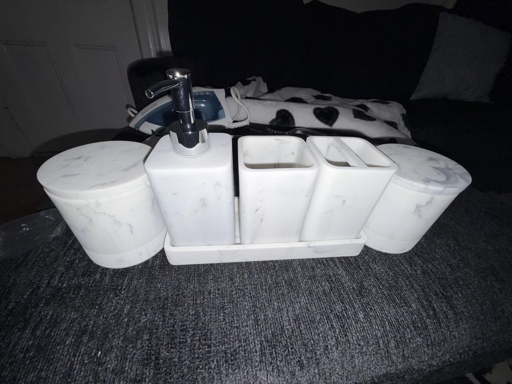 Bathroom Accessories Set, 6 Piece Bathroom Set with Toothbrush Holders, Soap Dispenser, Vanity Tray, Tumbler, Cotton Swab Jars, Bathroom Organizer, Bathroom Sink Sets, Artificial Marble White customer photo 1