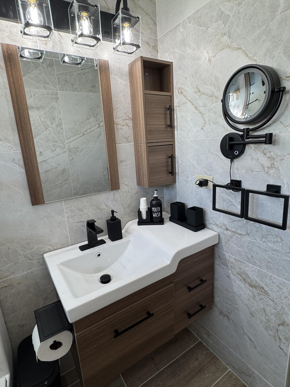 Bathroom Accessories Set, 6 Piece Bathroom Set with Toothbrush Holders, Soap Dispenser, Vanity Tray, Tumbler, Cotton Swab Jars, Bathroom Organizer, Bathroom Sink Sets, Artificial Marble White customer photo 2