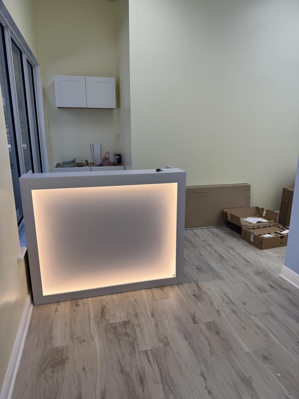 TC-HOMENY Reception Desk with LED Lights, 55'' Retail Counter Modern with Storage Shelves and Cable Grommet, Front Table, Salon Desk, Office Table, White customer photo 1