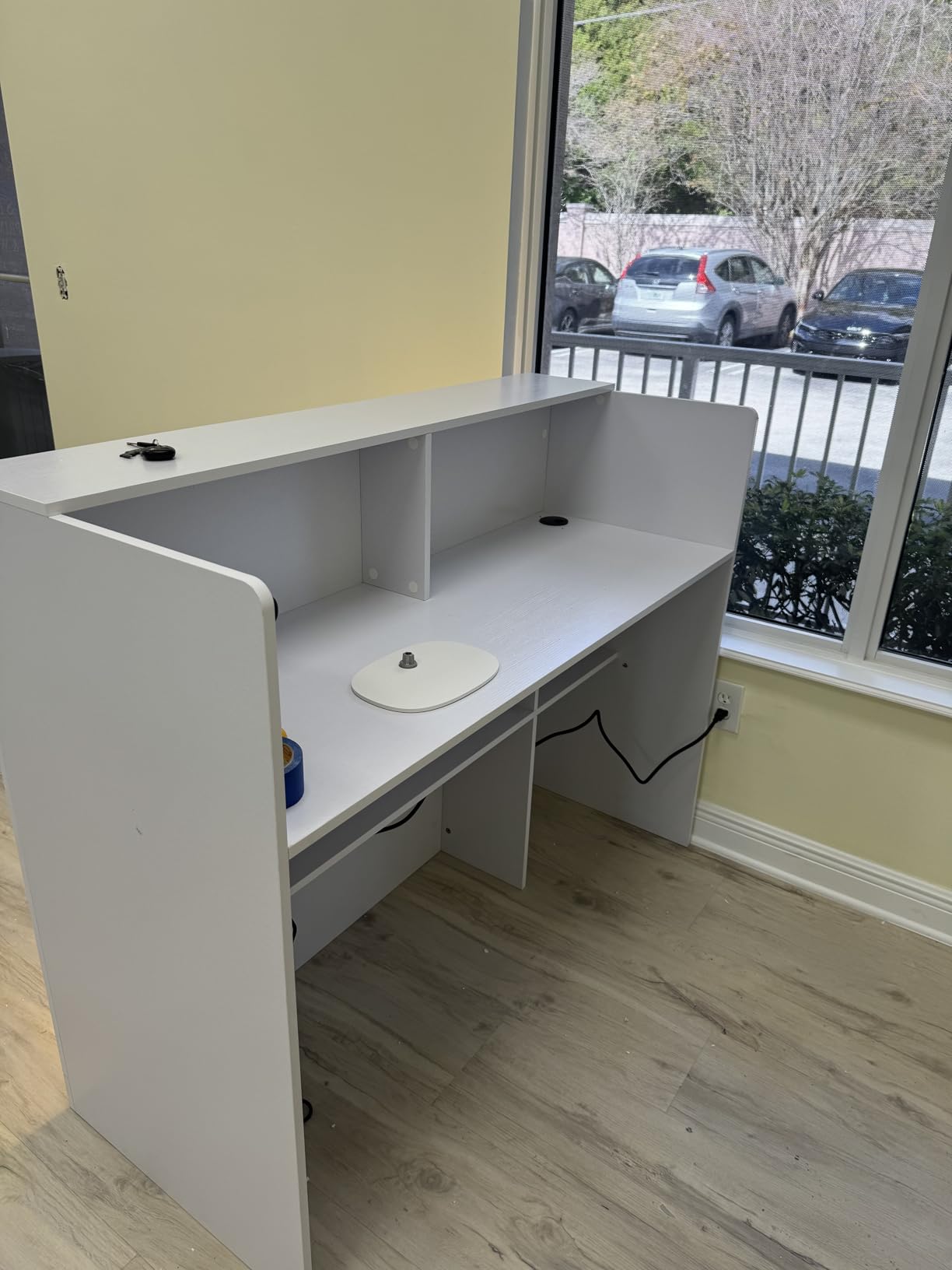 TC-HOMENY Reception Desk with LED Lights, 55'' Retail Counter Modern with Storage Shelves and Cable Grommet, Front Table, Salon Desk, Office Table, White customer photo 2