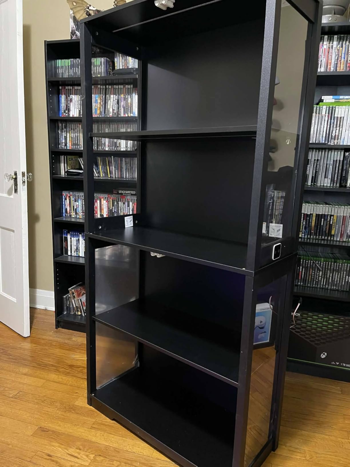 Display Cabinet with Glass Doors, 4-Tier Curio Cabinet with 3 Color Lights for Collectibles, Glass Display Case with Human Body Sensor, Bookcase with 4 Shelves, Storage Cabinets, Black customer photo 2