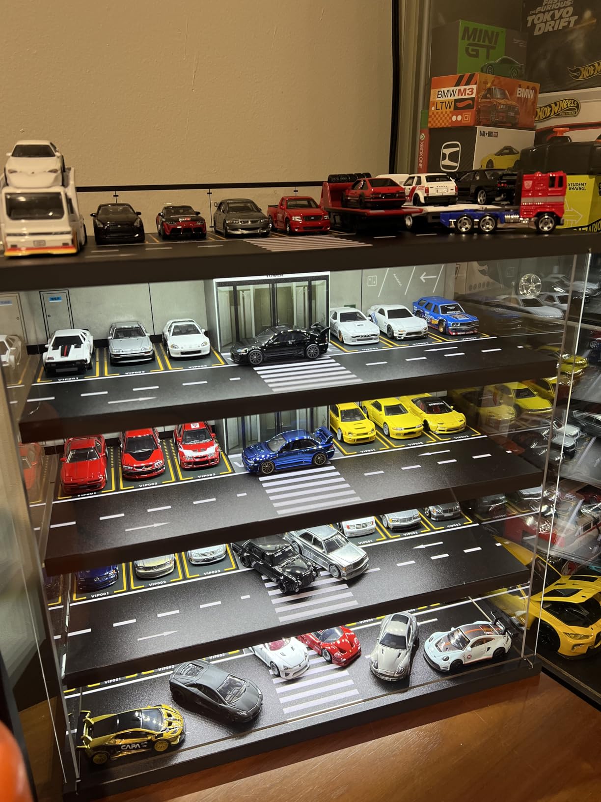 Display Case for Hot Wheels Garage & Matchbox Cars with LED Light, 1/64 Scale Diecast Toy Cars Garage, Storage Case for Hot Wheels, Parking Garage Diorama with 4 Levels Maximum 58 Cars customer photo 1