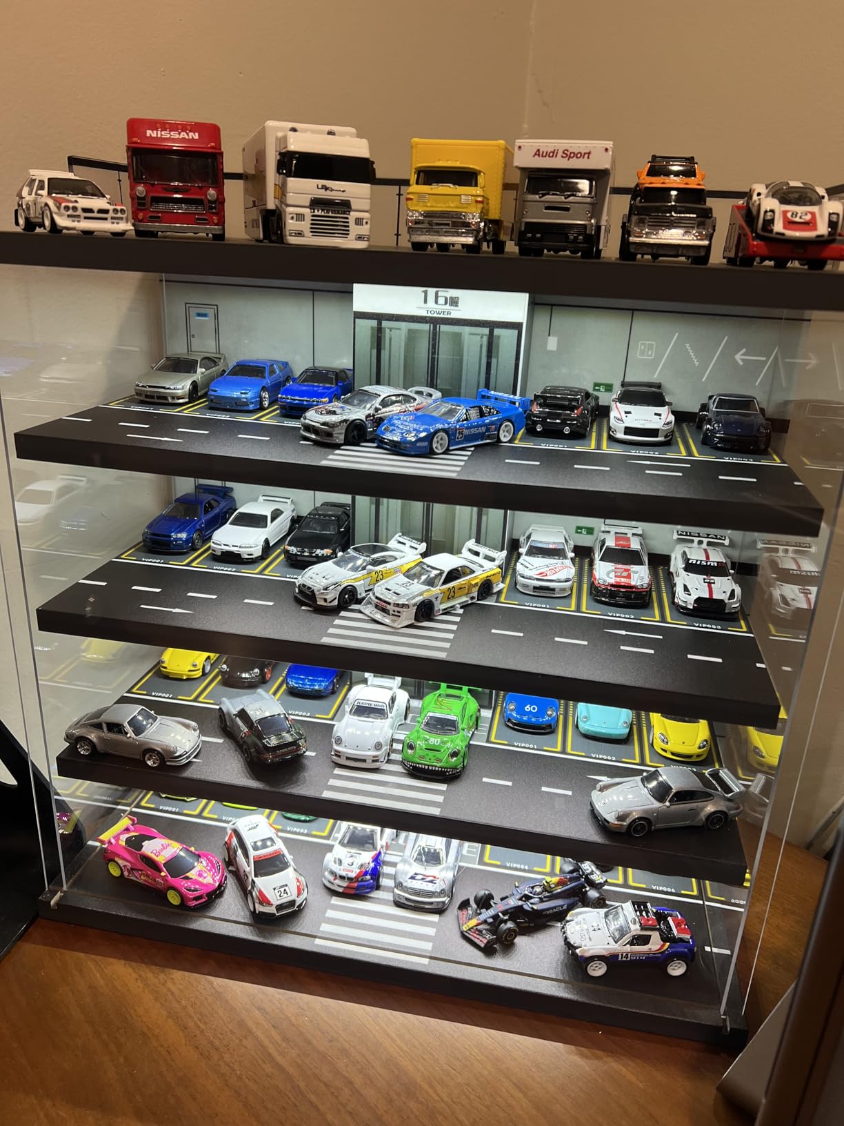 Display Case for Hot Wheels Garage & Matchbox Cars with LED Light, 1/64 Scale Diecast Toy Cars Garage, Storage Case for Hot Wheels, Parking Garage Diorama with 4 Levels Maximum 58 Cars customer photo 2