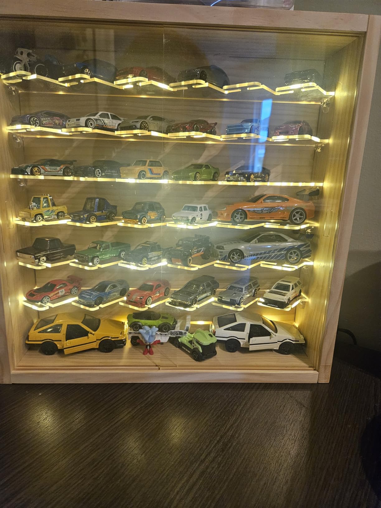 1/64 Mini Cars Display Case with Lighted 7 Tiers Wall Mounted Display Box with Acrylic Shelves at 45-Degree Angle and Door Storage for 42 Hot Diecast Wheels Toy Cars customer photo 1