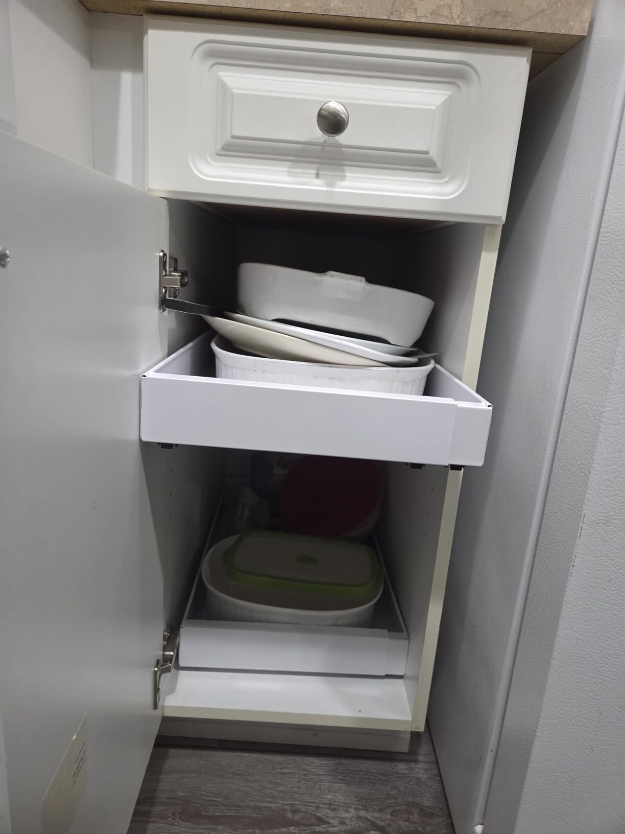 PAKETA 4 Pack Expandable Pull Out Cabinet Organizer, 21'' Deep Pull Out Drawers for Cabinets, Upgrade 3 Slide Rails Sliding Drawer for Kitchen Cabinet Organizer with Adhesive Nano Film (White) customer photo 1