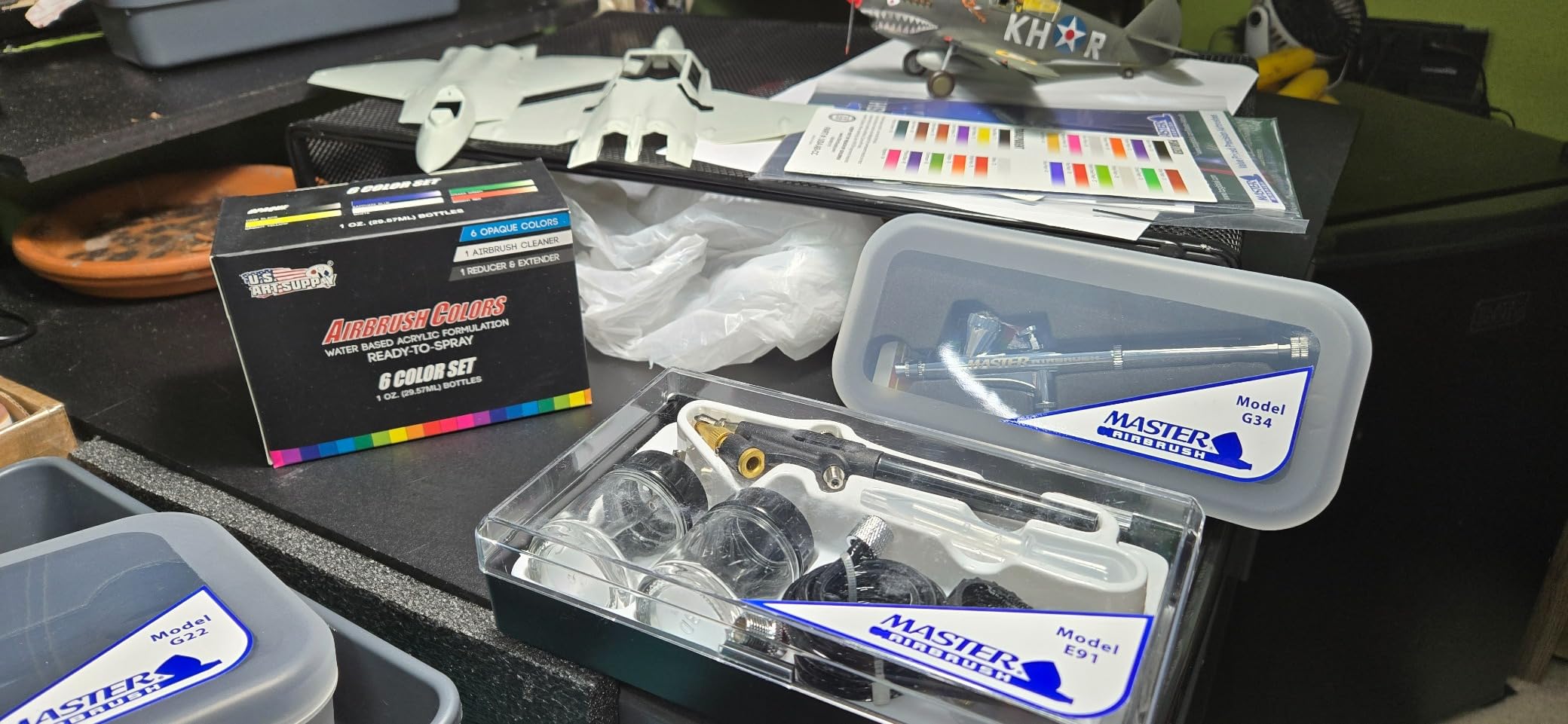 Master Airbrush Cool Runner Dual Fan Air Compressor Professional Airbrushing System Kit with 3 Airbrushes, Gravity & Siphon Feed - 6 Primary Opaque Colors Acrylic Paint Artist Set, Hose & Holder customer photo 2