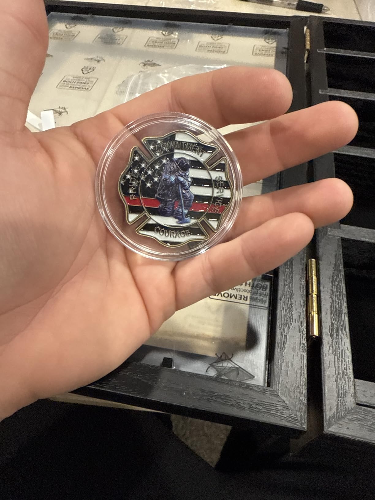 PiaoHao Premium Challenge Coin Display Case, Lockable Military Shadow Box with Removable Shelves, Solid Wood Wall Mounted Medal & Pin Display Frame with UV Protection Acrylic Door, Black customer photo 1