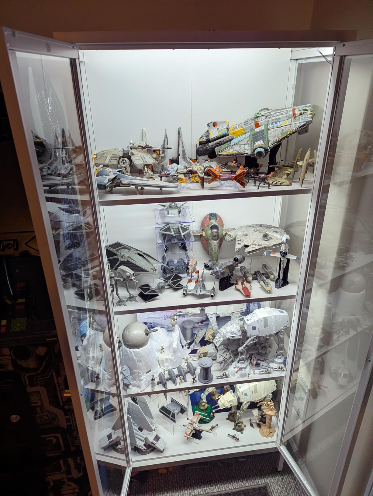 Display Cabinet with Glass Doors, Glass Display Cabinet with 3 Color LED Lights, Curio Display Cabinet with 3 Shelves for Living Room & Plant, Display Shelf, Assembly Required, White customer photo 1