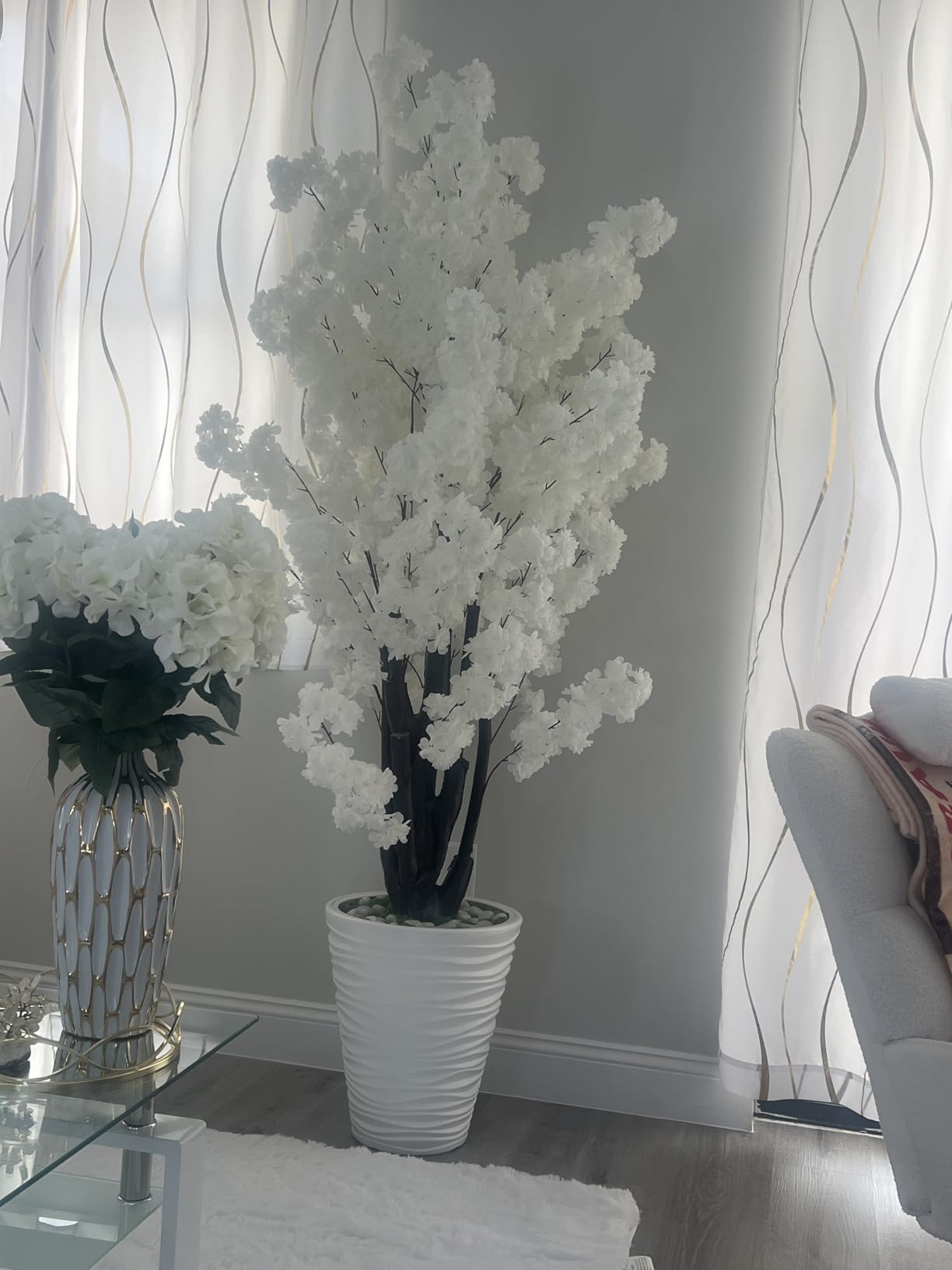 Artificial Cherry Blossom Trees Faux Cherry Blossom Tree White Tree for Office Home Wedding Office Living Room House Indoor Outdoor Decor (6.5ft/2m, Champagne) customer photo 2