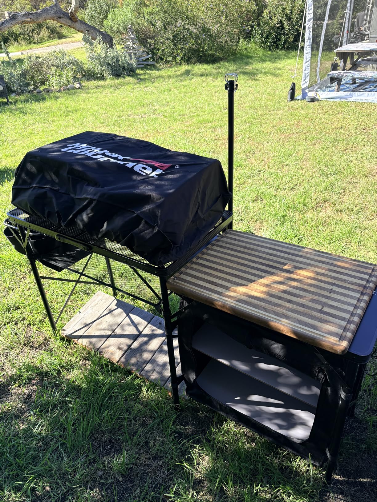 Nice C Camping Kitchen Table, Portable Folding Camp Cook Station, Storage Organizer, with Light Poles, Storage, Side Bag, Side Hooks, for Outdoor, Picnic, Beach, RV Traveling (Black) customer photo 2