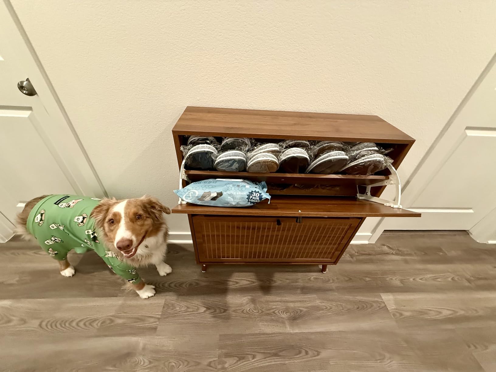 Fsbecl Shoe Storage Cabinet for Entryway with 2 Flip Drawers, Narrow Wood Shoe Cabinet with Fluted Panel, Freestanding Hidden Shoe Organizer for Foyer, Hallway (Walnut) customer photo 1