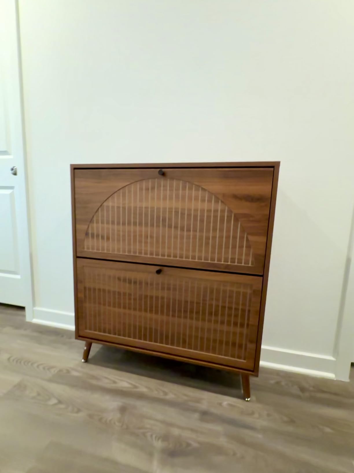 Fsbecl Shoe Storage Cabinet for Entryway with 2 Flip Drawers, Narrow Wood Shoe Cabinet with Fluted Panel, Freestanding Hidden Shoe Organizer for Foyer, Hallway (Walnut) customer photo 2