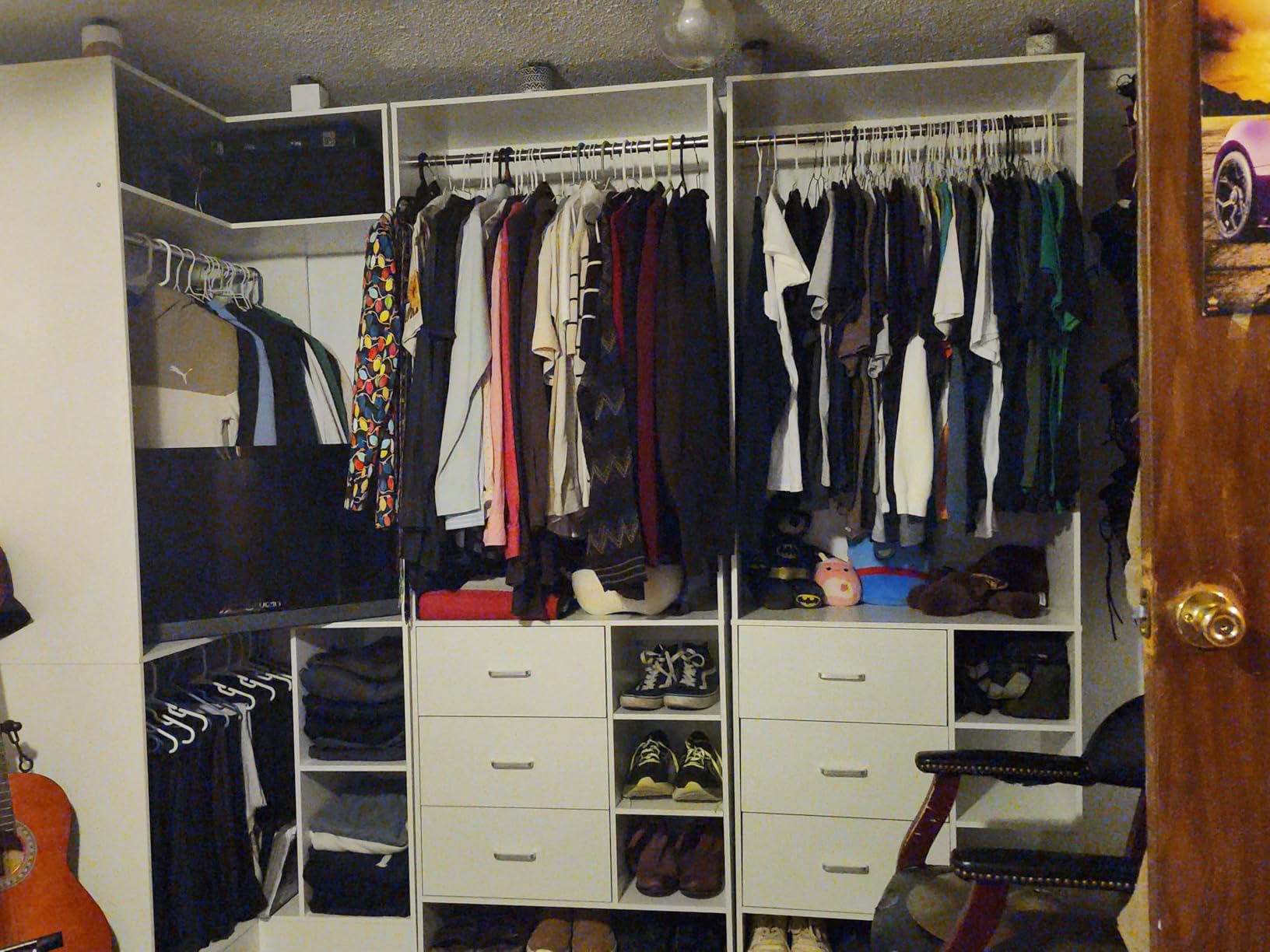 Aheaplus Closet System with 6 Drawers, 4 Hanging Rods & Corner Tower, Corner Closet System with Hanging, 92.6