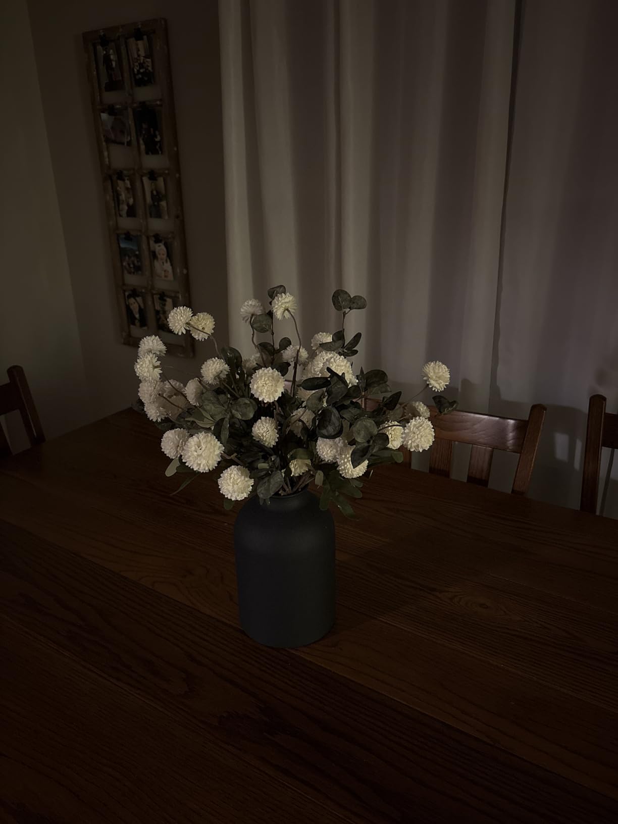 BLOSMON Fake Flowers in Vase for Centerpieces: Metal Vase with 12 Stems of Artificial Mums Kiku Flowers Eucalyptuses Home Table Decor - White Faux Pom Poms Floral Arrangements for Living Room customer photo 1