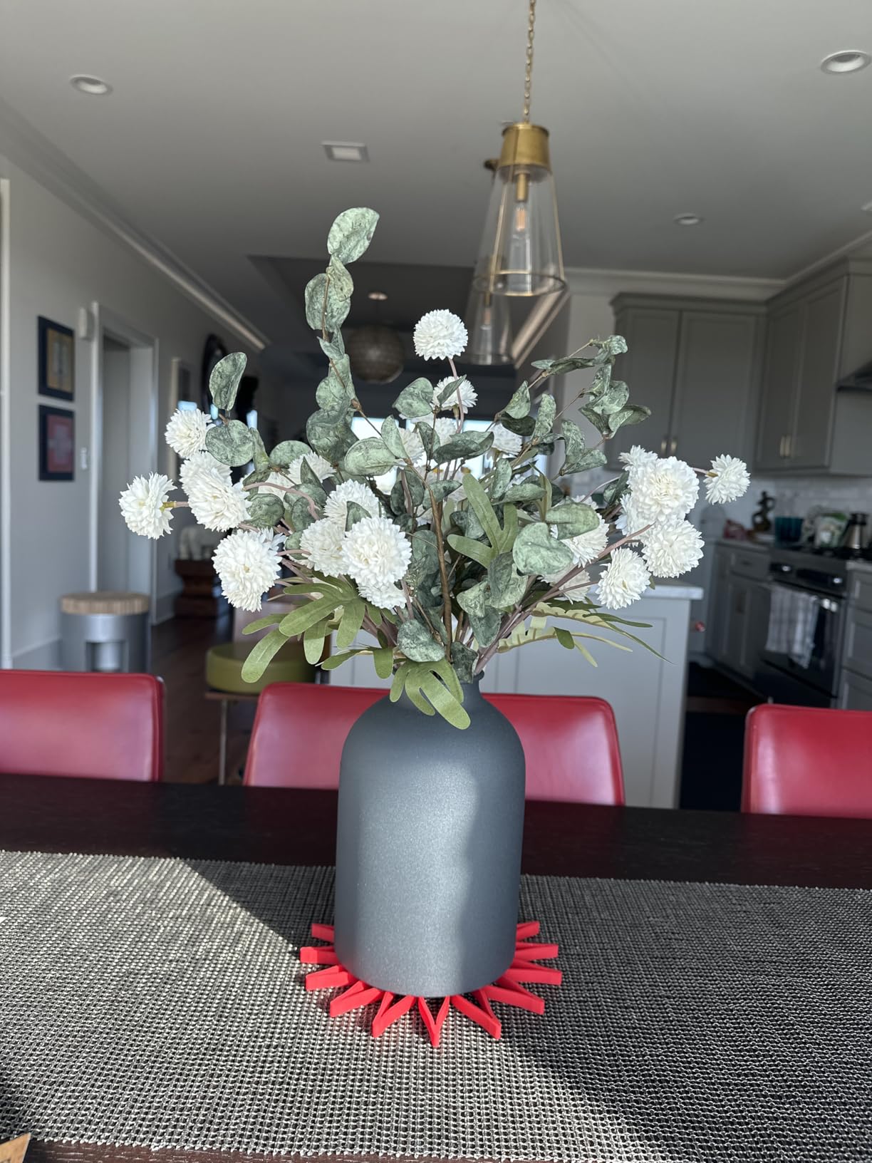 BLOSMON Fake Flowers in Vase for Centerpieces: Metal Vase with 12 Stems of Artificial Mums Kiku Flowers Eucalyptuses Home Table Decor - White Faux Pom Poms Floral Arrangements for Living Room customer photo 2