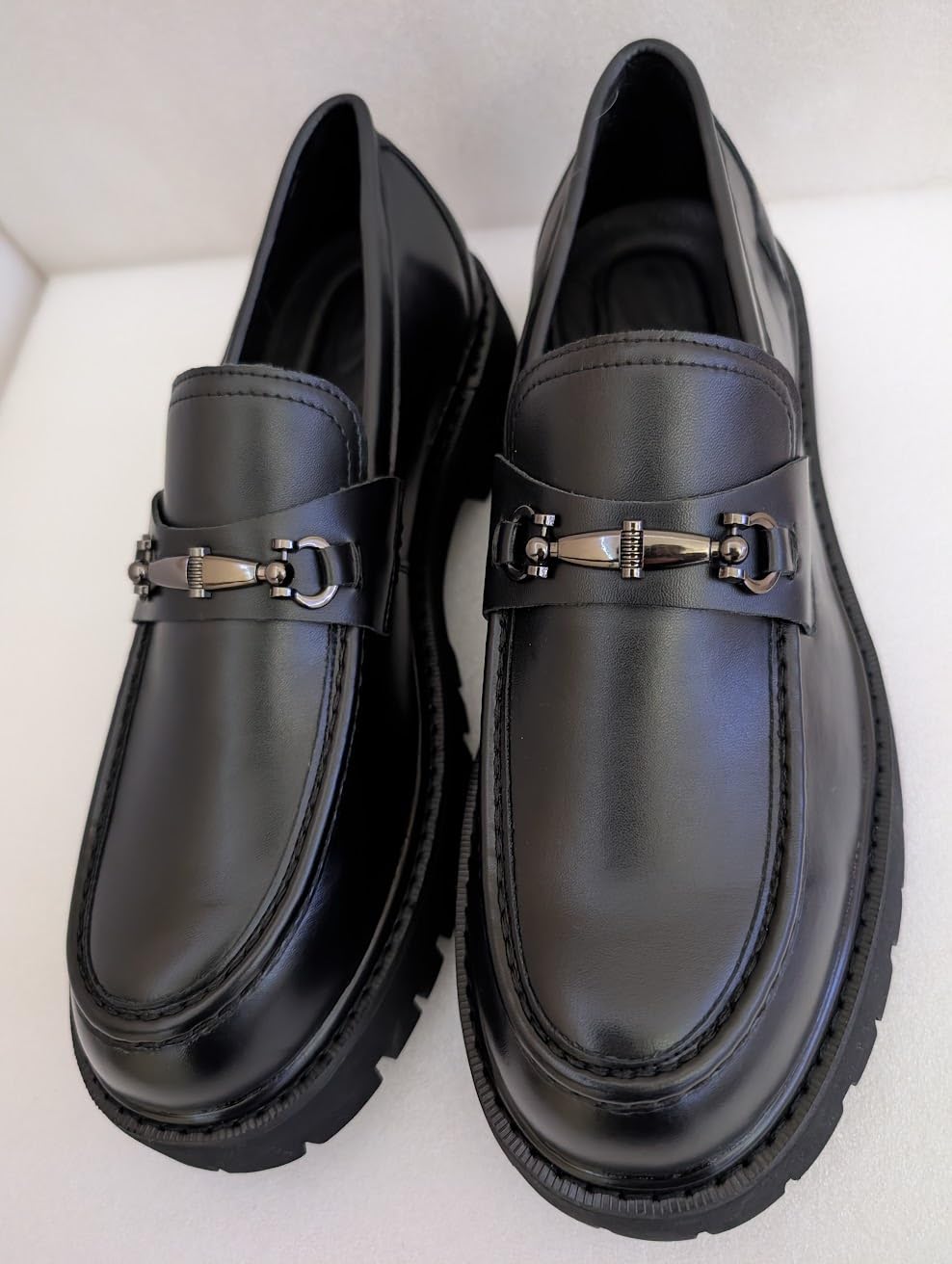 XENTORD Men's Patent Leather Platform Loafers Comfort Non-Slip Lug Sole Slip-On Dress Shoes with Metal Horsebit Detail for Business Office & Casual customer photo 1