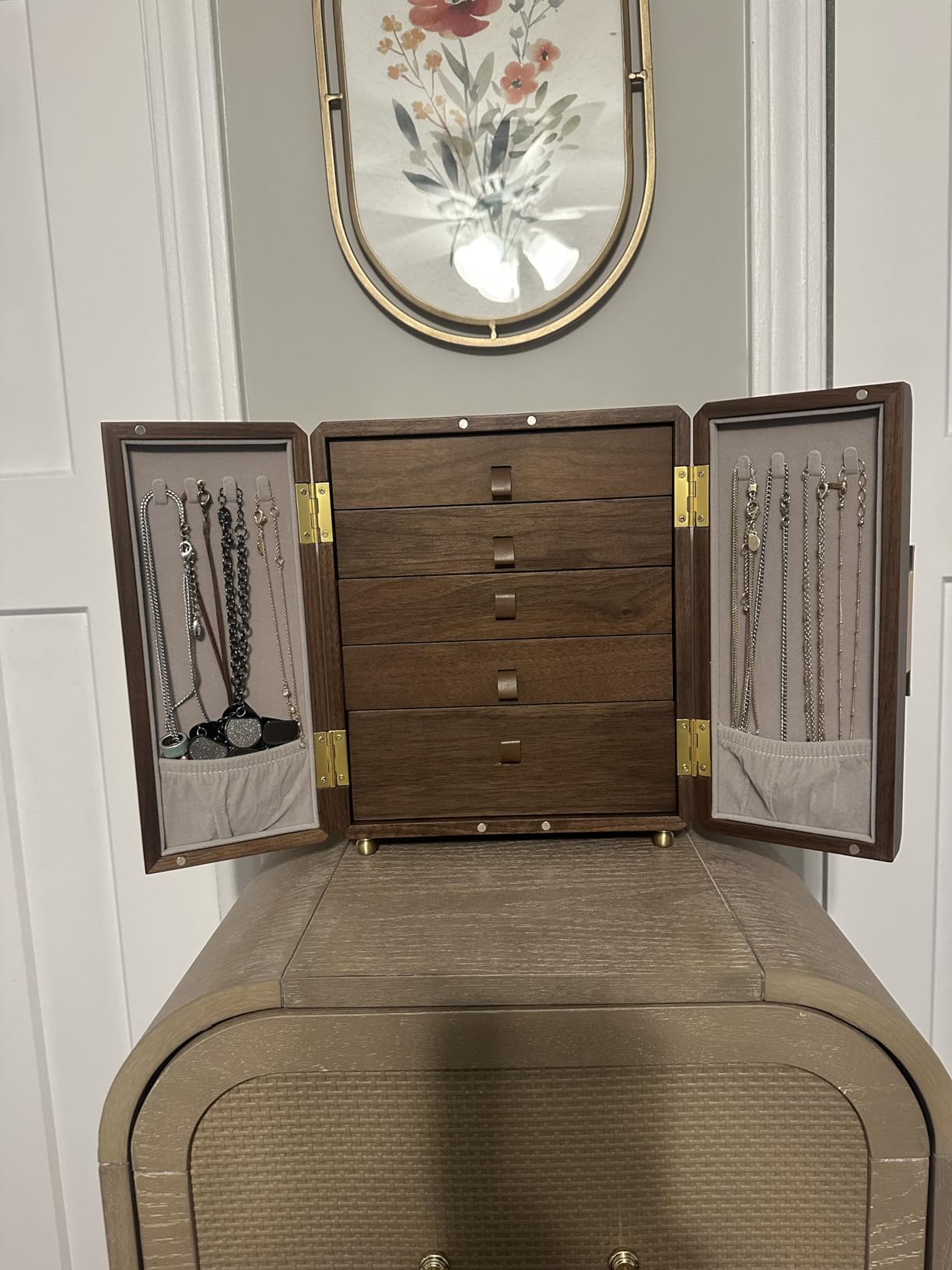 Wenseny Double Door Jewelry Box - Black Walnut Wood, Velvet Lining, Gold Handle, Magnetic Closure, Handmade Storage for Rings & Necklaces | 5-Layer customer photo 2