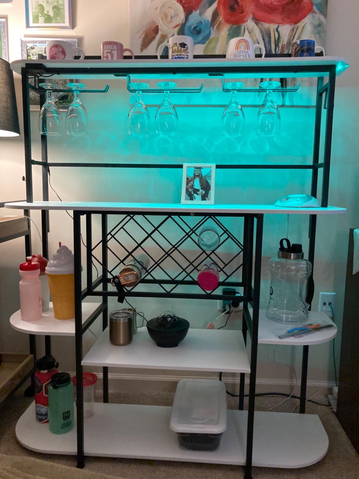 Wine Rack with LED Light, Bar Table Cabinet with Glass Holder, Freestanding Coffee Bar Storage Shelves, 6-Tier Liquor Cabinet customer photo 2