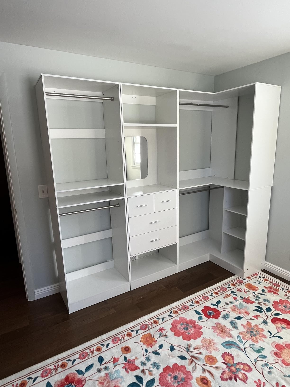 Unikito 86 Inch Closet System, 3 Sets Corner Closets Organizer with Hanging Rods and Mirror Design, Freestanding Adjustable Wood Clothes Garment Rack with Drawers, Sturdy Walk in Closet Kit, White Oak customer photo 2