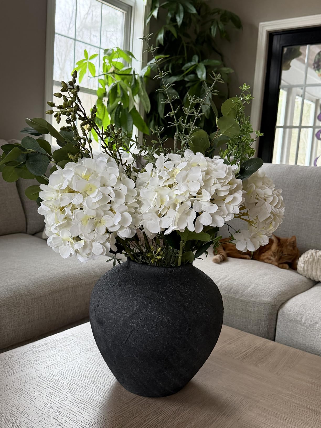 Real Touch White Faux Hydrangea And Eucalyptus Arrangement, Faux Floral Arrangements, Hyper Realistic Artificial Flowers, White Centerpieces For Kitchen Dining Coffee Table Decor, 5 Heads + Greenery customer photo 1