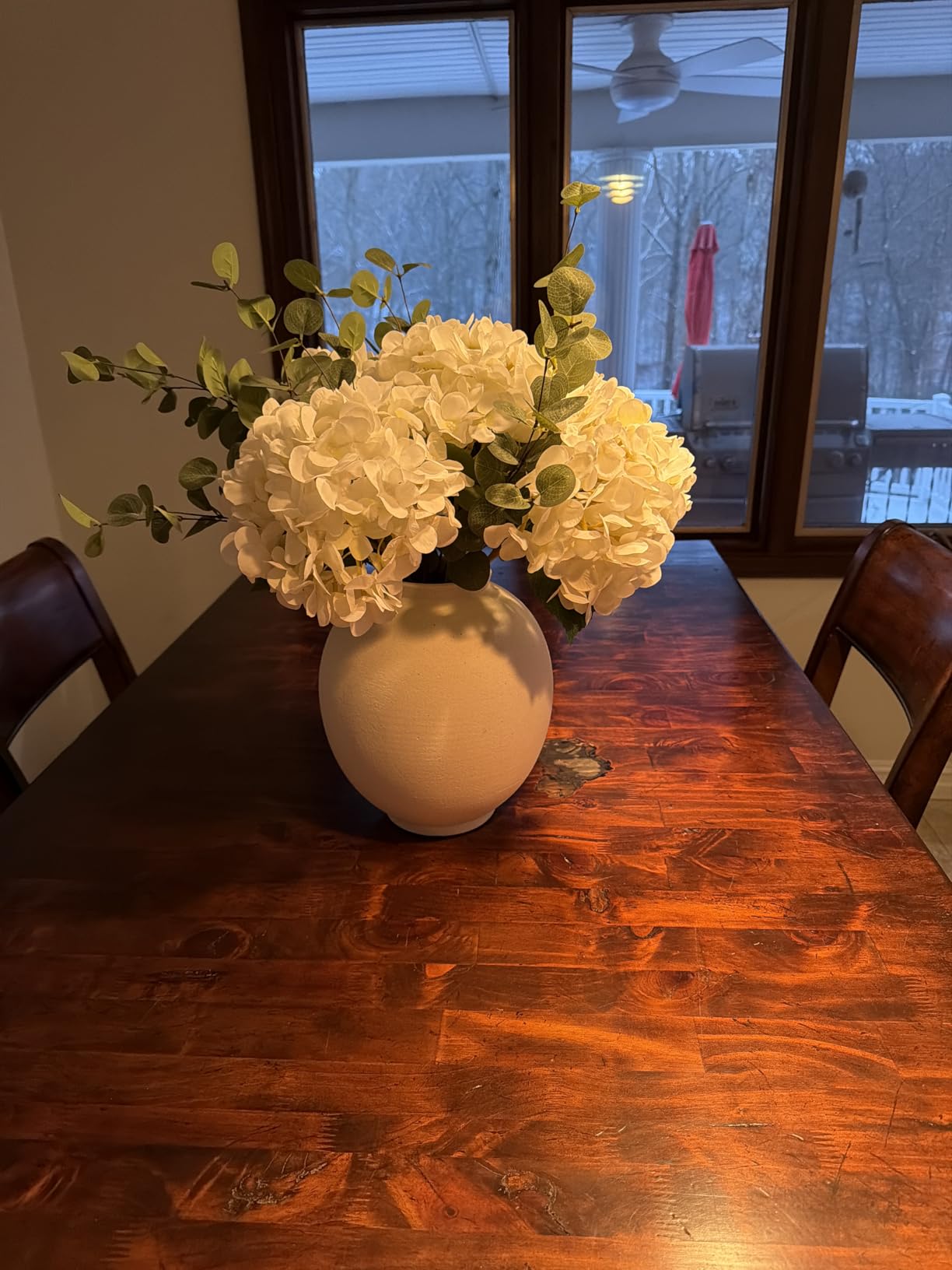 Real Touch White Faux Hydrangea And Eucalyptus Arrangement, Faux Floral Arrangements, Hyper Realistic Artificial Flowers, White Centerpieces For Kitchen Dining Coffee Table Decor, 5 Heads + Greenery customer photo 2