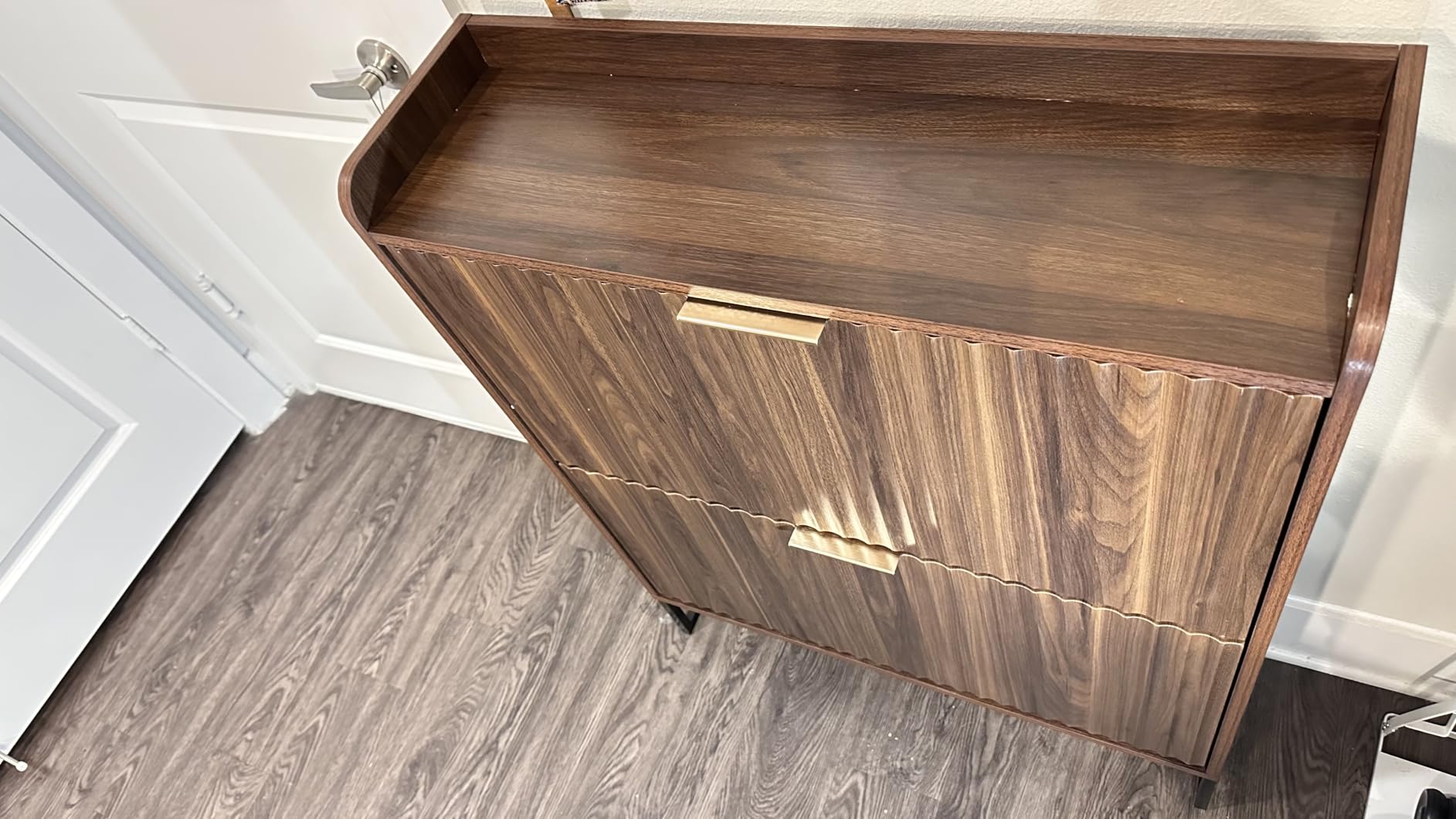 VINGLI Fluted Shoe Cabinet Storage for Entryway, Hidden Shoes Storage Cabinet with 4 Flip Drawers, Mid Century Modern Shoe Rack with LED Light, Shoes Organizer with Cubby for Hallway (Natural Oak) customer photo 2