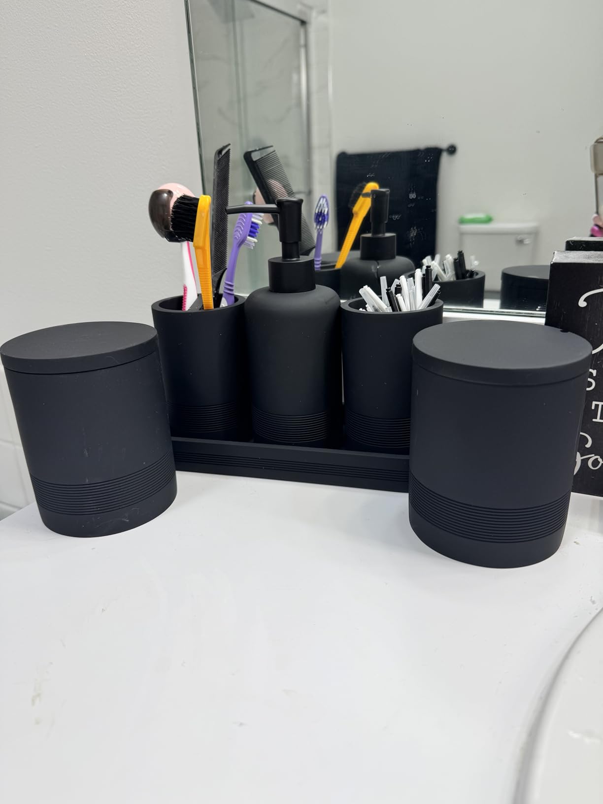 6-Piece Bathroom Accessories Set, Organizer Set with Soap Dispenser, Toothbrush Holder Set, Vanity Tray, Tumbler & 2 Cotton Swab Jars - Modern Stylish Bathroom Storage(Marble White) customer photo 2