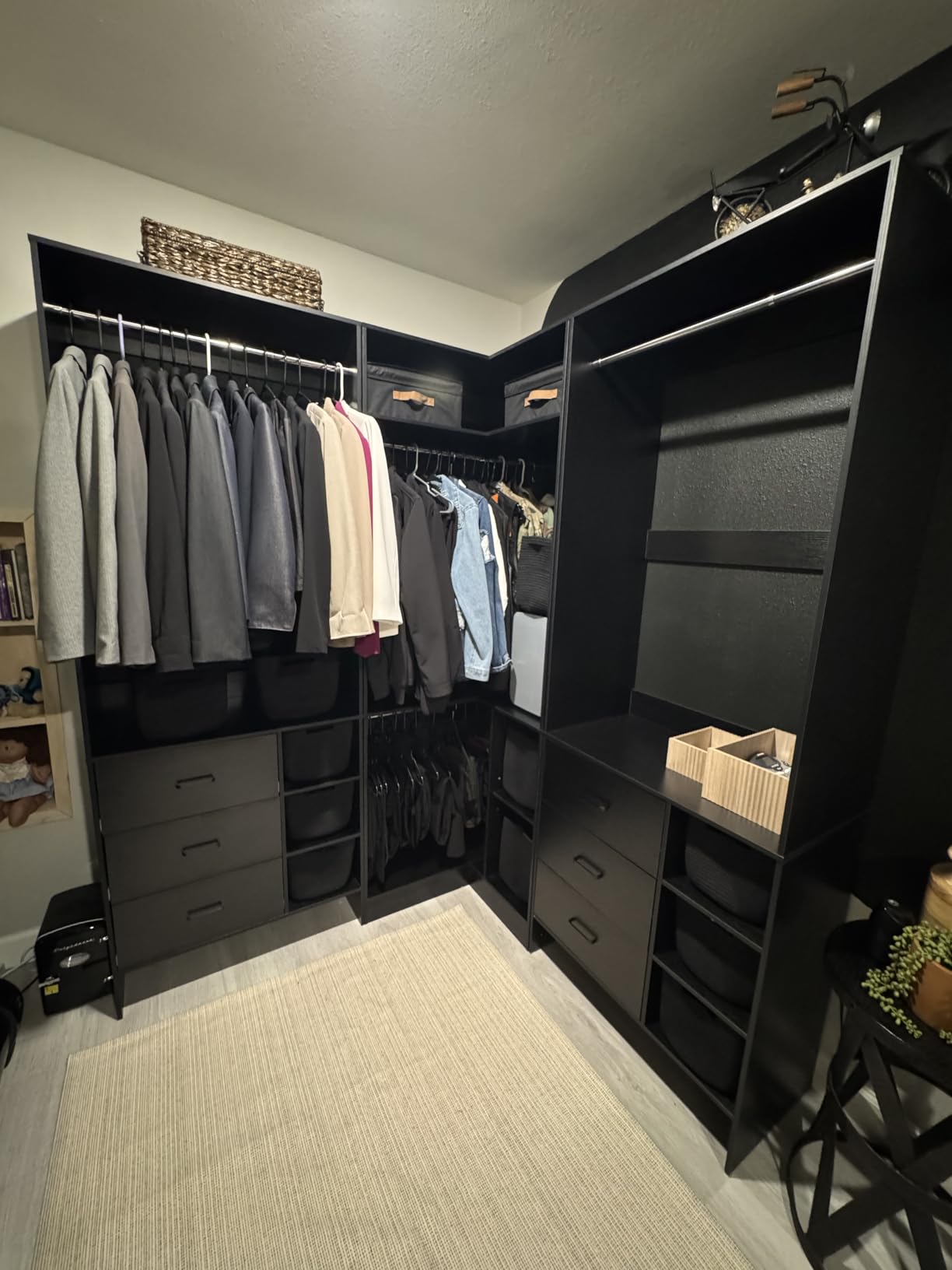 Aheaplus Closet System with 6 Drawers, 4 Hanging Rods & Corner Tower, Corner Closet System with Hanging, 80.9