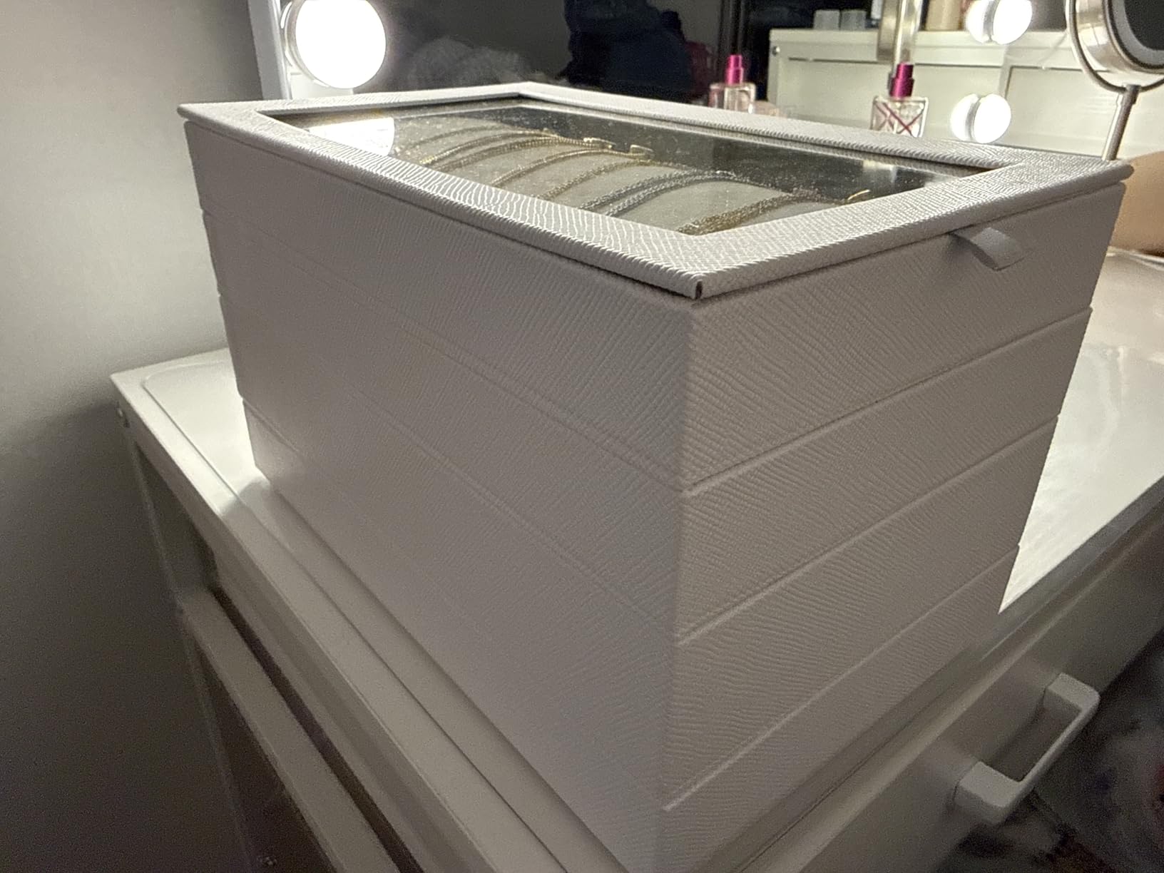 GLOBAL KA 4-Layer Stackable Jewelry Organizer Trays with Tempered Glass Lid, Black PU Leather Jewelry Drawer Inserts Display Case, Large Anti-Tarnish Storage Box for Earring Necklace Ring Sunglasses customer photo 1