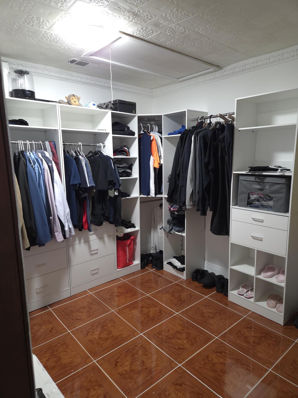 Corner Closet System with 3 Drawers, Corner Closet Organizer System with 13 Shelves & 3 Hanging Rods, 63.2