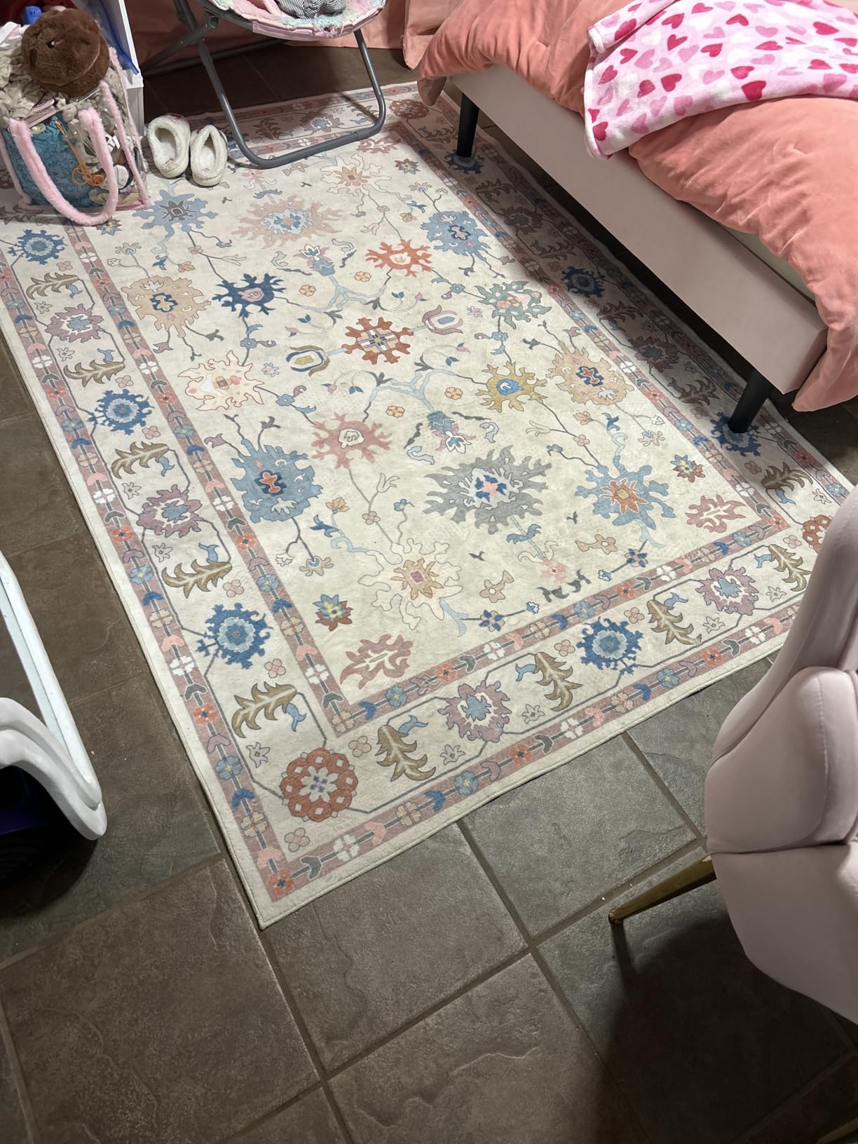 LIVEBOX Washable Oushak Rug for Living Room, Non Slip Boho 5 x 7 Area Rug for Bedroom, Soft Turkish Rugs Vintage Mat, Large Floral Dining Room Rugs Indoor Carpet for Kids Nursery Room, Blue customer photo 2