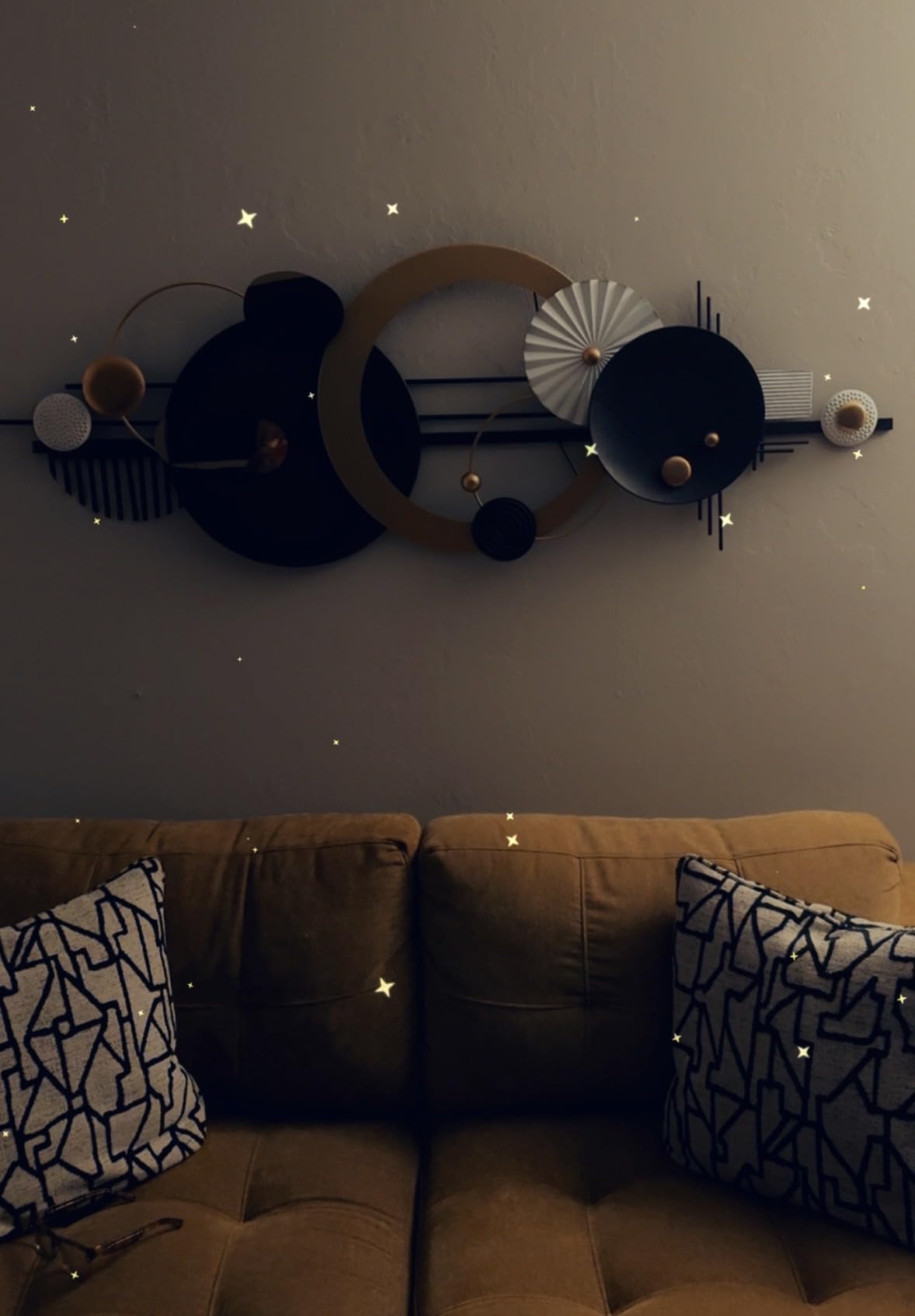 Large Modern Abstract Metal Wall Art, Black and Gold Geometric Circles Wall Decoration, Contemporary Home Decor, 59x24 inches customer photo 2