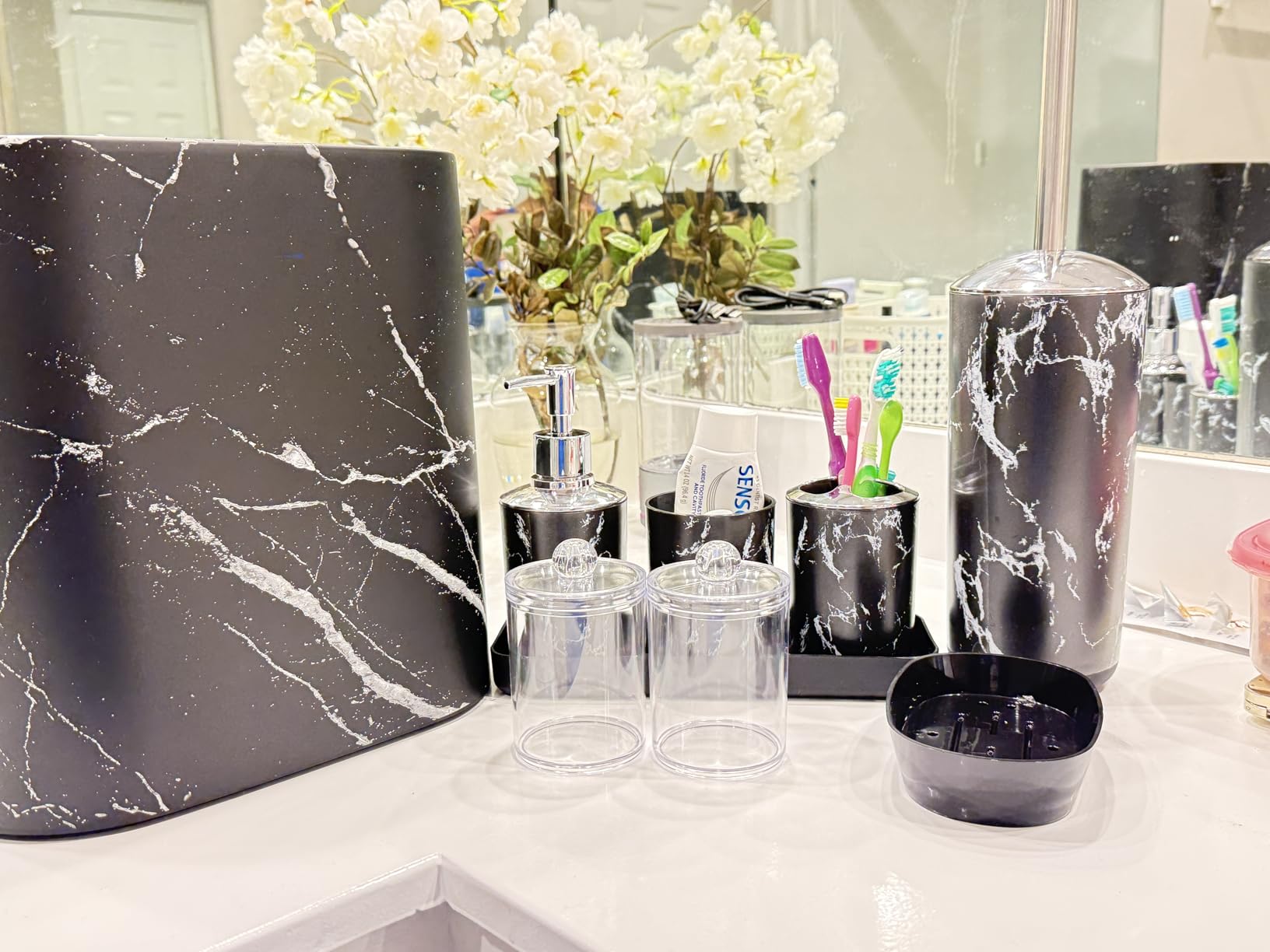Bathroom Accessories Set, 9-Piece Marble White Bathroom Set, White Bathroom Accessories with Slim Trash Can, Soap Dispenser, Toilet Brush, Toothbrush Set, Qtip Holders customer photo 1