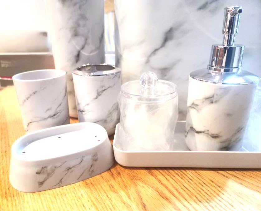 Bathroom Accessories Set, 9-Piece Marble White Bathroom Set, White Bathroom Accessories with Slim Trash Can, Soap Dispenser, Toilet Brush, Toothbrush Set, Qtip Holders customer photo 2