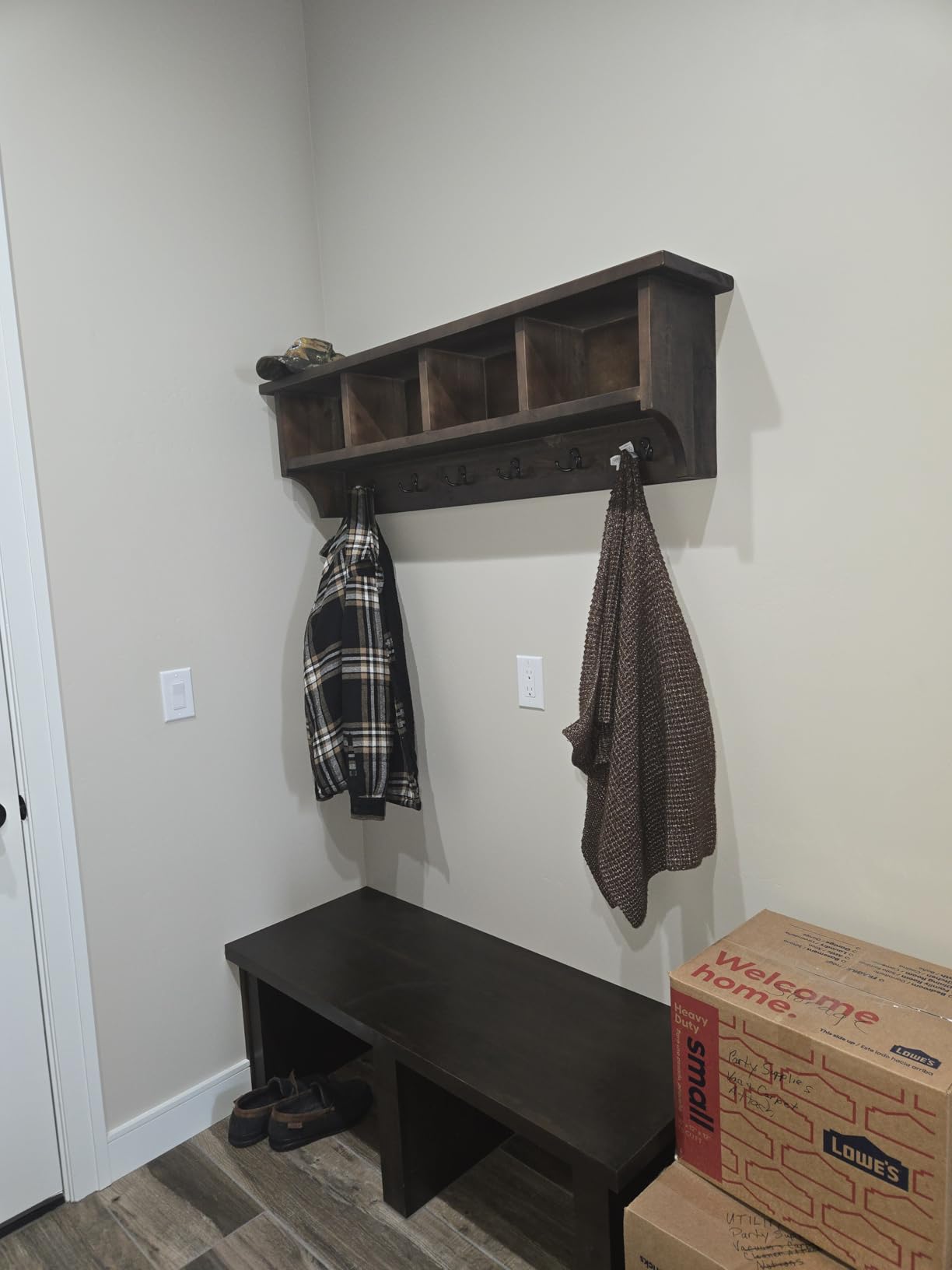 Alaterre Furniture Pomona Entryway Organizer - Modern Farmhouse 48-Inch Solid Wood Hall Tree with Bench, Shelves & Metal Coat Hooks - Mudroom & Foyer Storage for Jackets, Bags & Shoes (Rustic Brown) customer photo 1