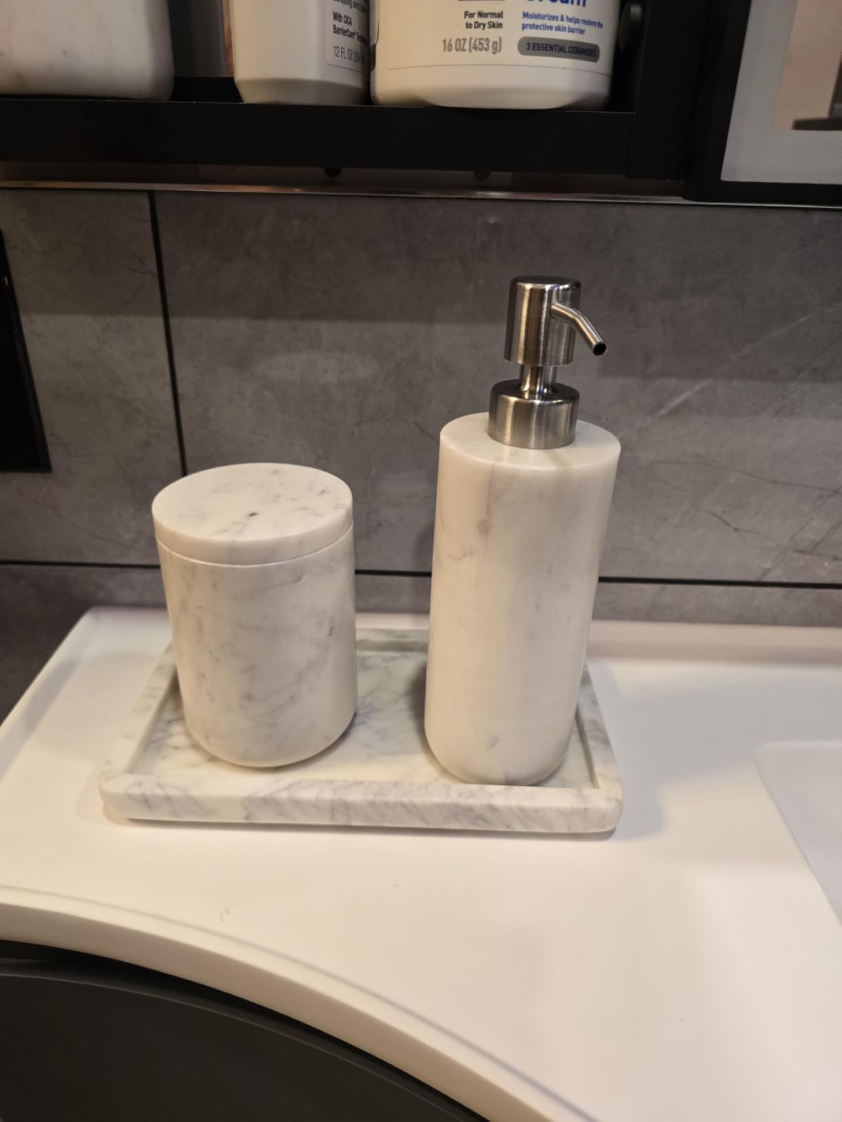 Cork & Mill Marble Bathroom Accessories Set, Complete 3 Piece Set with Soap Dispenser, Toothbrush Holder & Canister with Lid for Qtips, White Marble Bath Countertop Vanity Decor Organizer customer photo 1