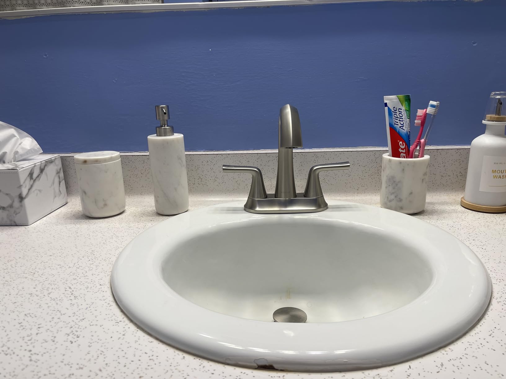 Marble Bathroom Accessories Set, Complete 3 Piece Set with Soap Dispenser, Toothbrush Holder & Canister with Lid for Qtips, White Marble Bath Countertop Vanity Decor Organizer customer photo 2