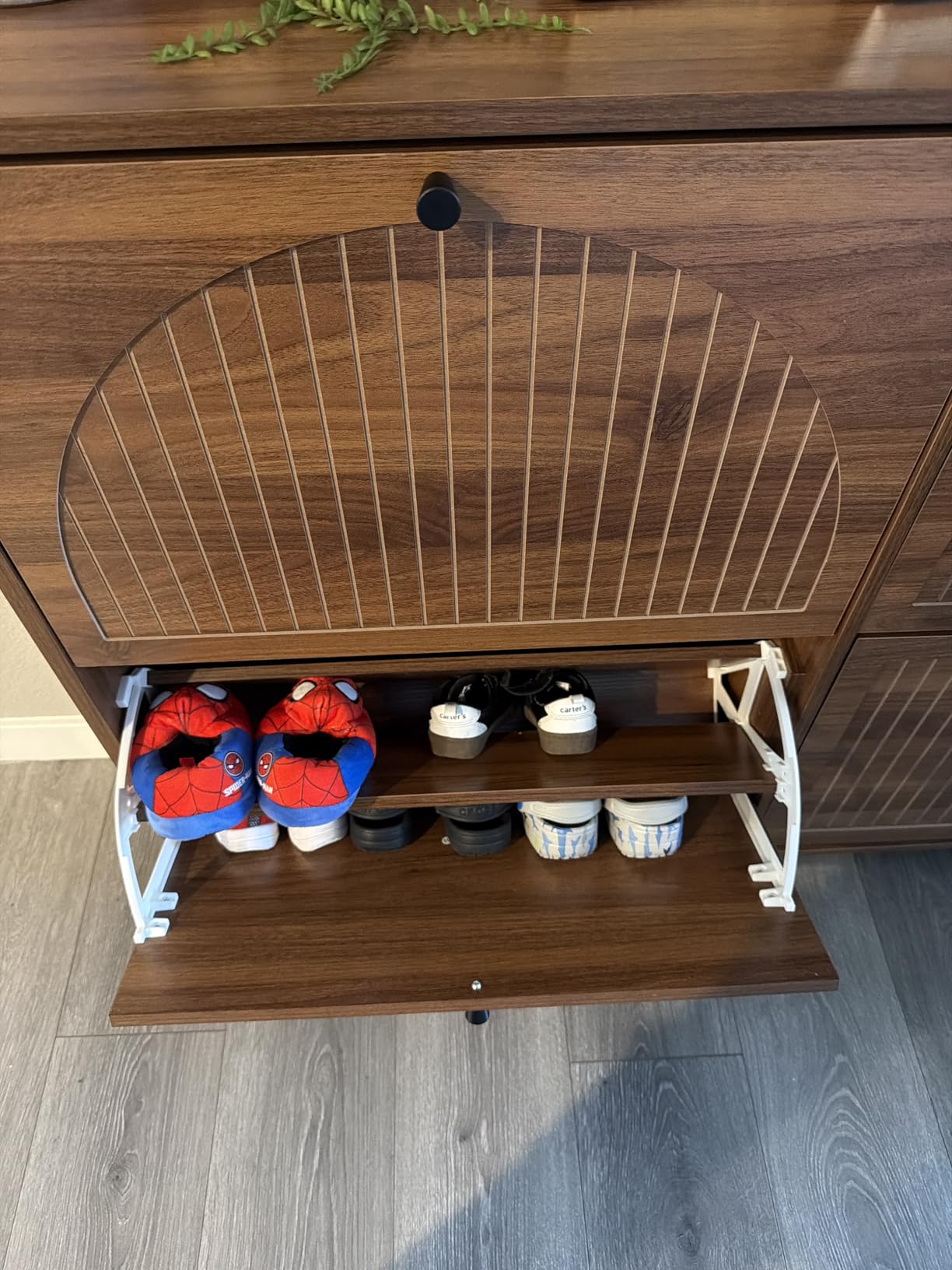 Fsbecl Shoe Storage Cabinet for Entryway with 3 Flip Drawers, Narrow Shoe Organizer with Fluted Panel, Freestanding Wood Hidden Shoe Cabinet for Hallway(Walnut, 31.4''W, Double Layer) customer photo 1