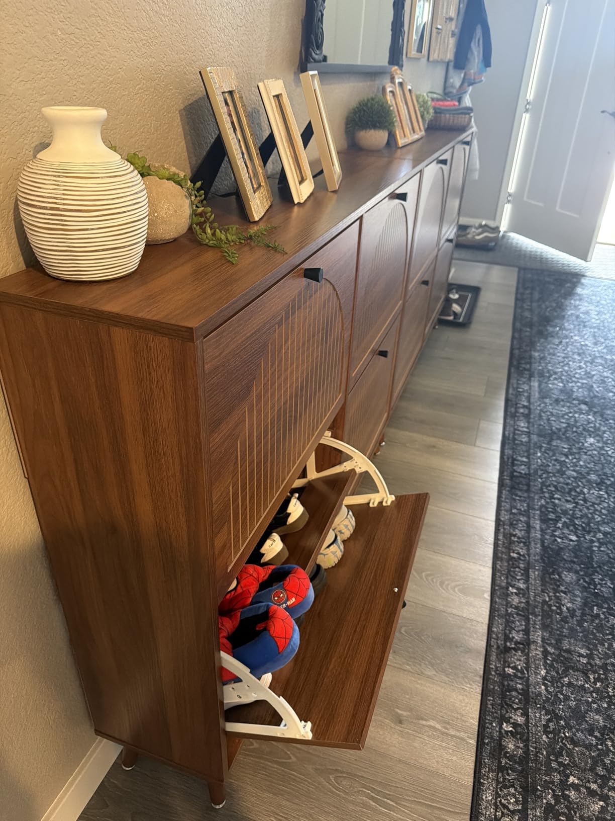 Fsbecl Shoe Storage Cabinet for Entryway with 3 Flip Drawers, Narrow Shoe Organizer with Fluted Panel, Freestanding Wood Hidden Shoe Cabinet for Hallway(Walnut, 31.4''W, Double Layer) customer photo 2