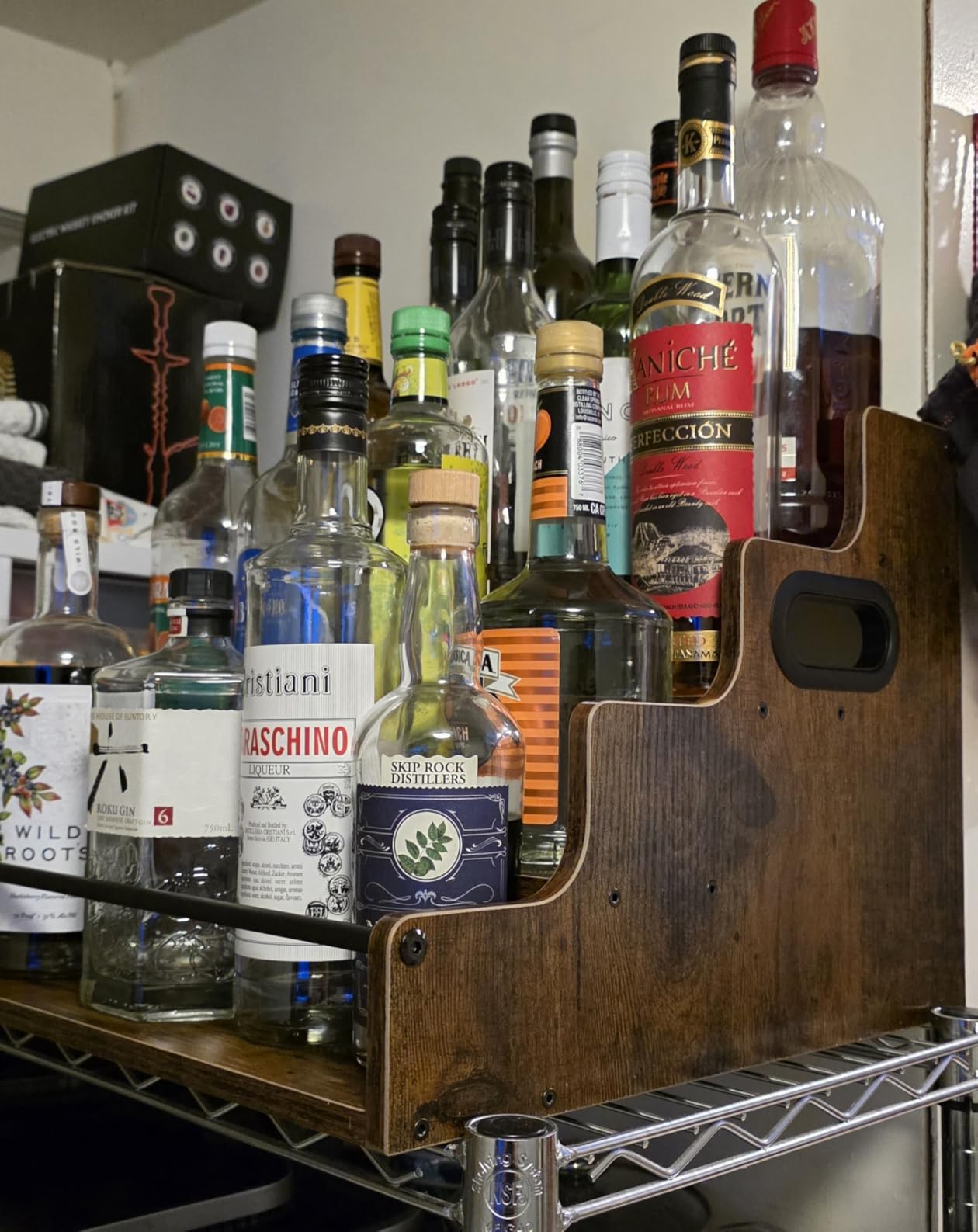 4-Tier Tiered Liquor Bottle Display Shelf - 16-Inch Rustic Wood Liquor Rack & Coffee Syrup Organizer - Heavy-Duty Countertop Spice Rack with Guardrails & Handles for Bar, Kitchen, Office customer photo 1