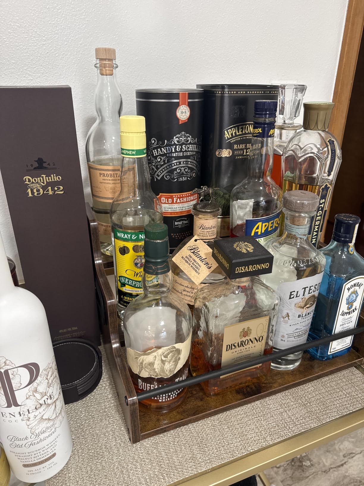 4-Tier Tiered Liquor Bottle Display Shelf - 16-Inch Rustic Wood Liquor Rack & Coffee Syrup Organizer - Heavy-Duty Countertop Spice Rack with Guardrails & Handles for Bar, Kitchen, Office customer photo 2