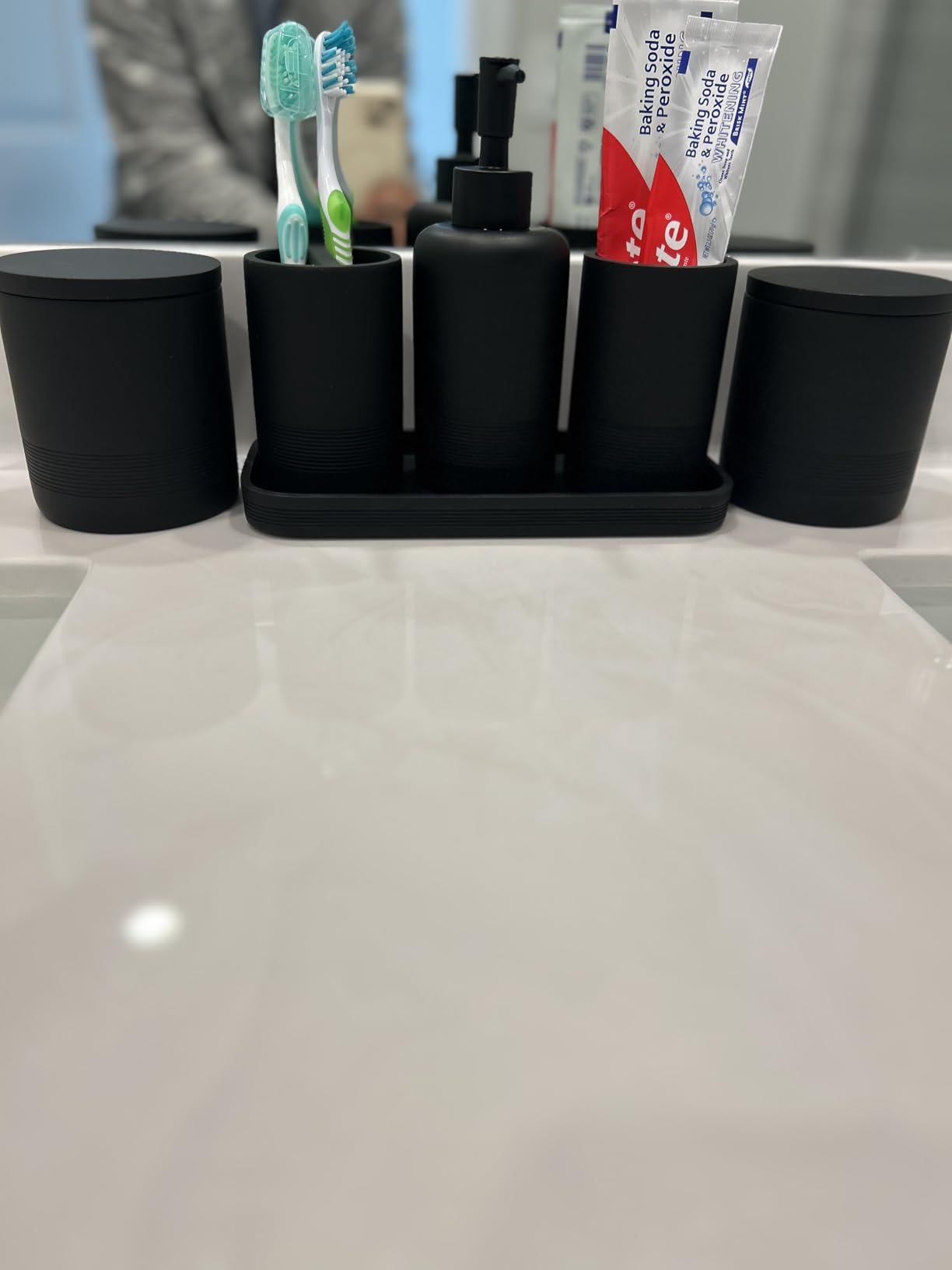 ZCCZ White Marble Bathroom Accessories Set 6 Pieces - Toothbrush Holder, Lotion Dispenser, Qtip Container, Vanity Tray, Tumbler - Countertop Organizer for Bathrooms - Elegant and Functional Décor Set customer photo 2