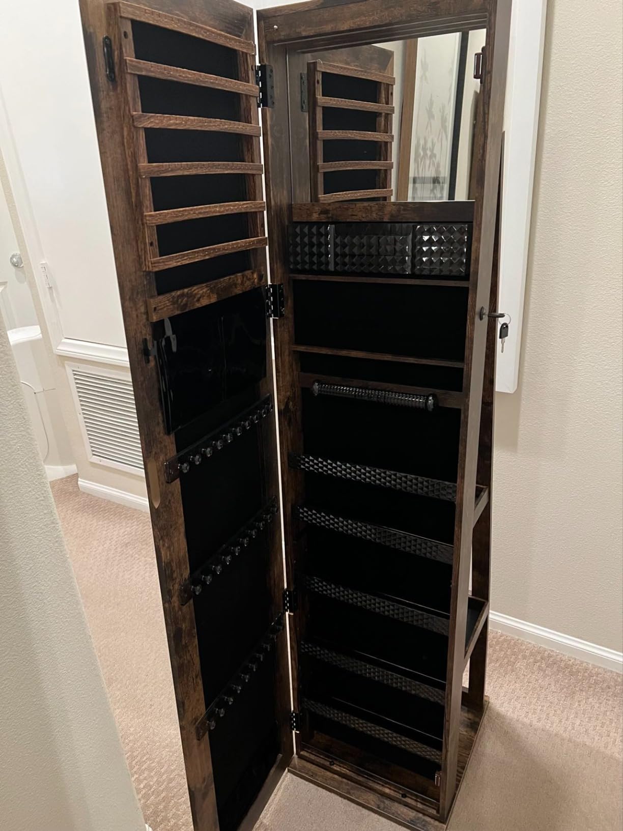 CHARMAID 360° Rotating Jewelry Armoire with LED Lighted Full Length Mirror & Built-in Vanity Mirror, Lockable Standing Jewelry Cabinet with Lights, Large Storage Organizer for Jewelry (Black) customer photo 2