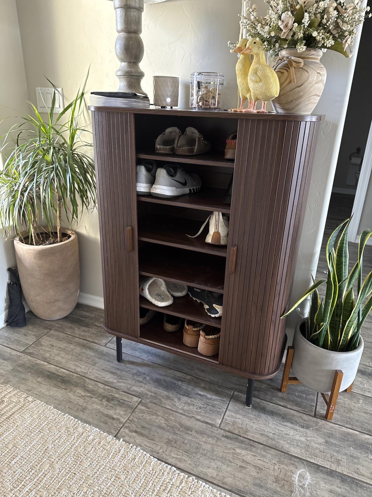 ONBRILL 6-Tier Shoe Cabinet with Sliding Door, Wooden Shoe Storage Cabinet with Adjustable Shelves, Mid-Century Modern Freestanding Shoe Storage Organizer for Entryway, Hallway, Living Room, Walnut customer photo 1