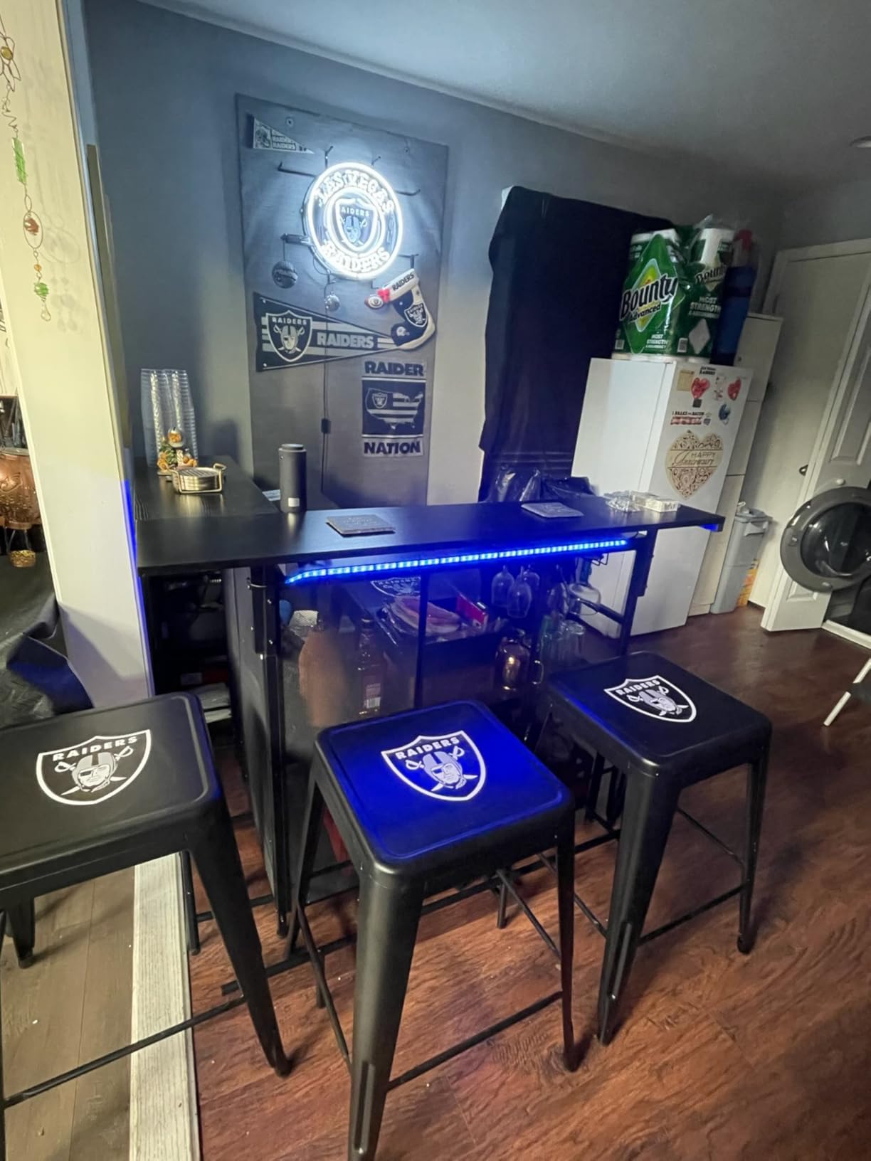 HOOBRO Home Bar Unit, L-Shaped Bar Table with Glasses Holder, and 4-Tier Shelves, Corner Mini Coffee Liquor Cabinet with Footrest, with LED Light APP Control for Home, Kitchen, Pub, Black BK129DBT01 customer photo 1