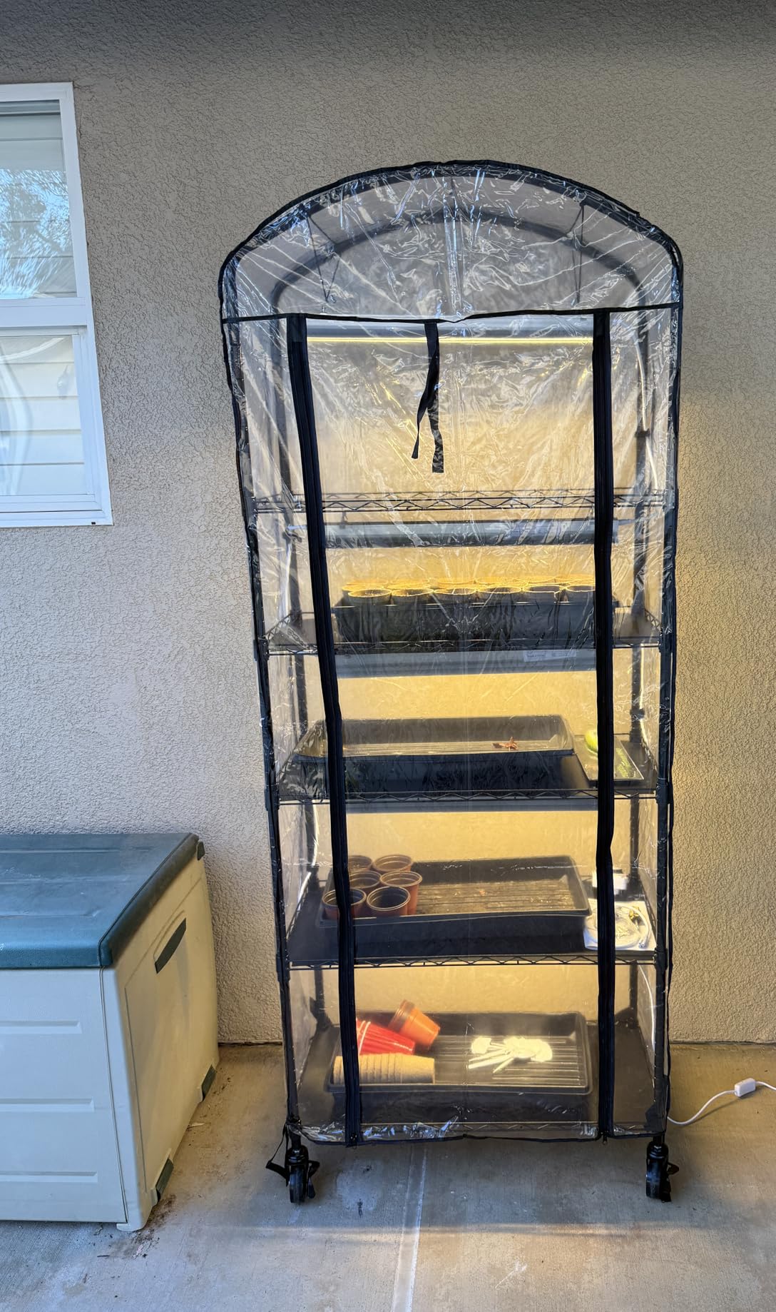 Abimars 5-Tier Greenhouse with Grow Light, Shelf Height Adjustable Metal Plant Shelf with PVC Cover and Wheels, Includes 5-Pack 2900K Full Spectrum Plant Lights, 13x29x73inch customer photo 1