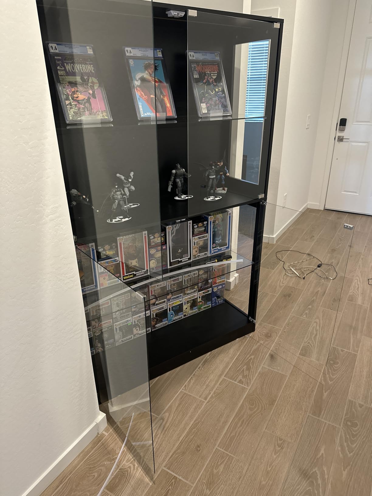 AMERLIFE RGB Display Cabinet with Adjustable Glass Shelves, 4-Tier Storage Case with LED Lights & Press-to-Open Doors, Modern Display Shelf for Collectibles, Black 70