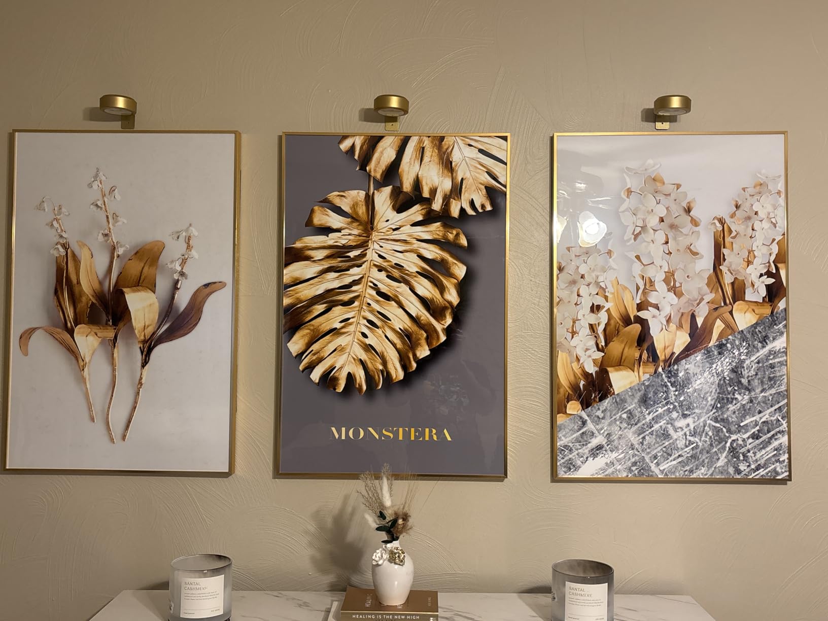 Framed Modern Luxury Wall Art for Living Room, Large White and Gold Leaf Artwork for Bedroom Walls, 3 Piece Contemporary Bright Style Abstract Prints, 24x36 Inch customer photo 2